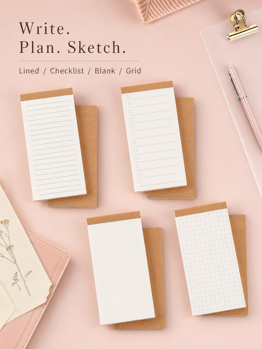2PCS Kraft Paper Top Binding Pocket Notepad, Multiple Inner Page Styles Optional Grid / Check List / Blank / Lined, Portable Lightweight Memo Pad For Daily Task Recording, Copying & Simple Sketching School Supplies