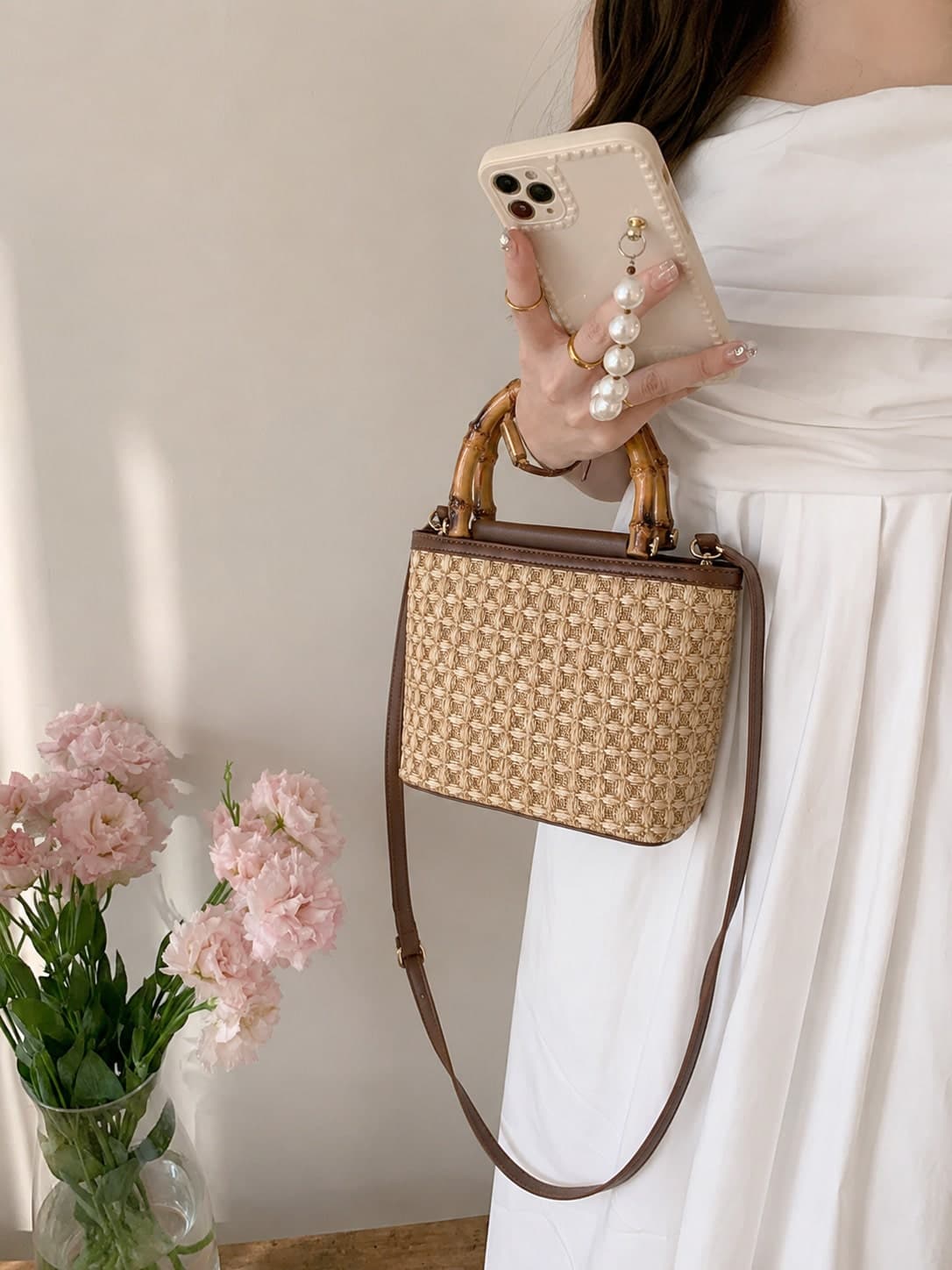 Straw Woven Bamboo Knot Handbag & Crossbody Bag | Premium Straw Woven + Durable PU Leather Splicing Japanese Artistic Style | Bamboo Knot Handle Design For Handheld/Crossbody Dual Use Large Capacity Layered Storage For Phone/Keys/Lipstick | Beach Travel Summer Shopping Pastoral Outfit Accessory Handmade Woven Lightweight Breathable Niche Design Women's Bag