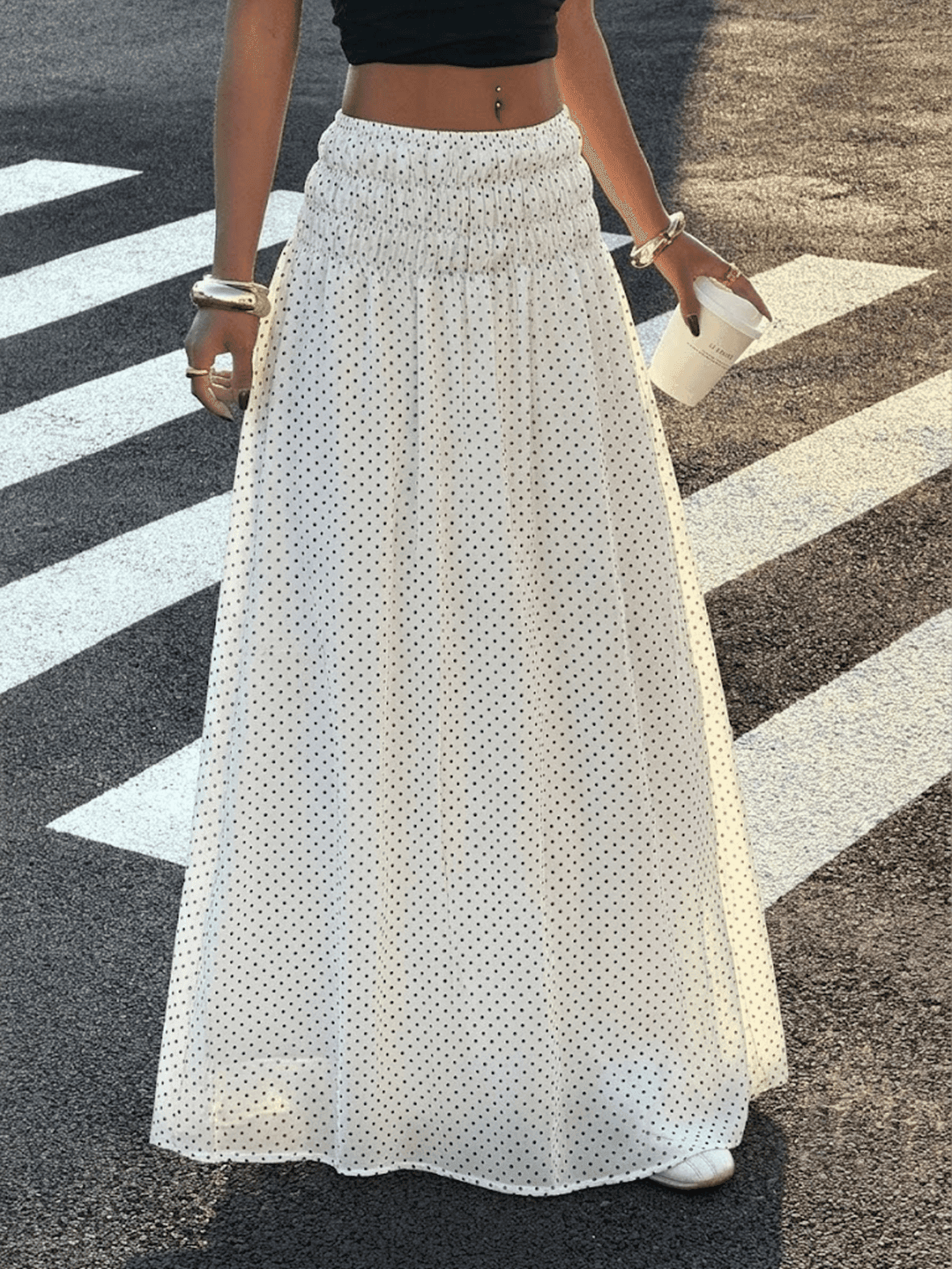 Dila Polly Women's Summer Vintage Fashion Polka Dot Print High Waist Elegant A-Line Skirt White Skirt