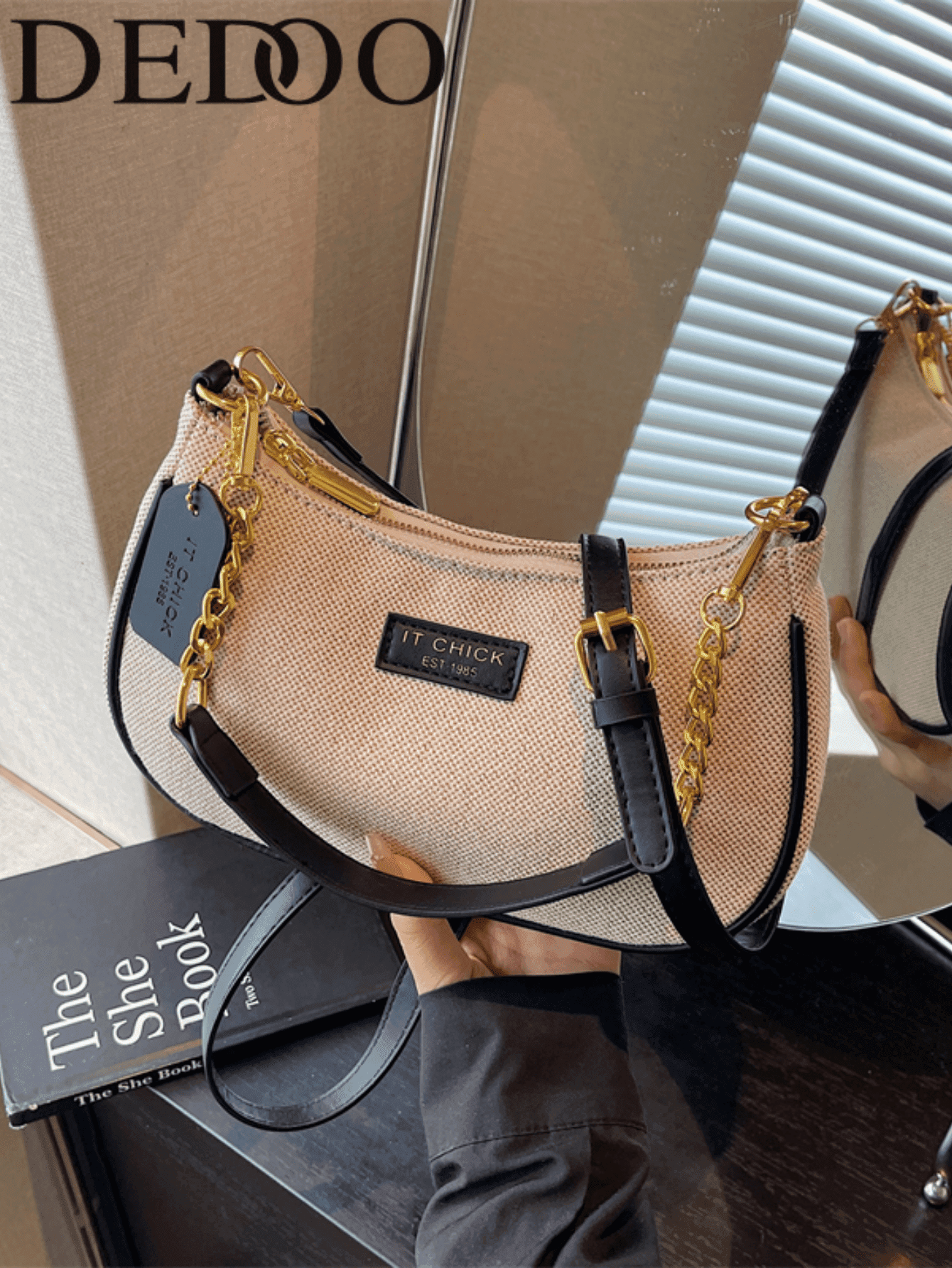 Dedoo Women's Canvas & Faux Leather Patchwork Shoulder Crossbody Bag, Solid Color Gold Chain Strap, Minimalist Retro Daily Date Autumn Handbag