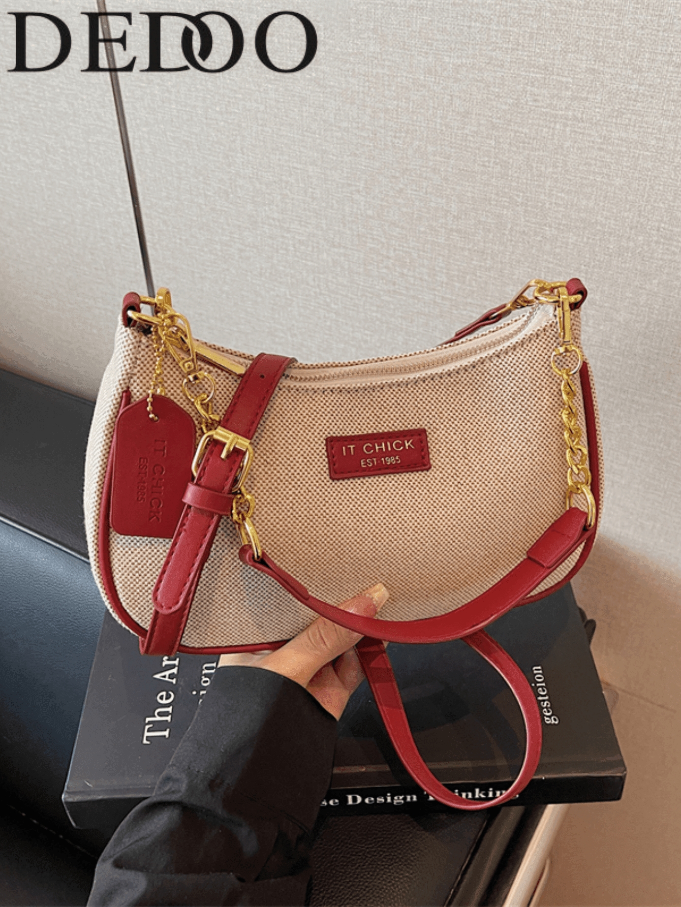 Dedoo Women's Canvas & Faux Leather Patchwork Shoulder Crossbody Bag, Solid Color Gold Chain Strap, Minimalist Vintage Daily Date Autumn Handbag