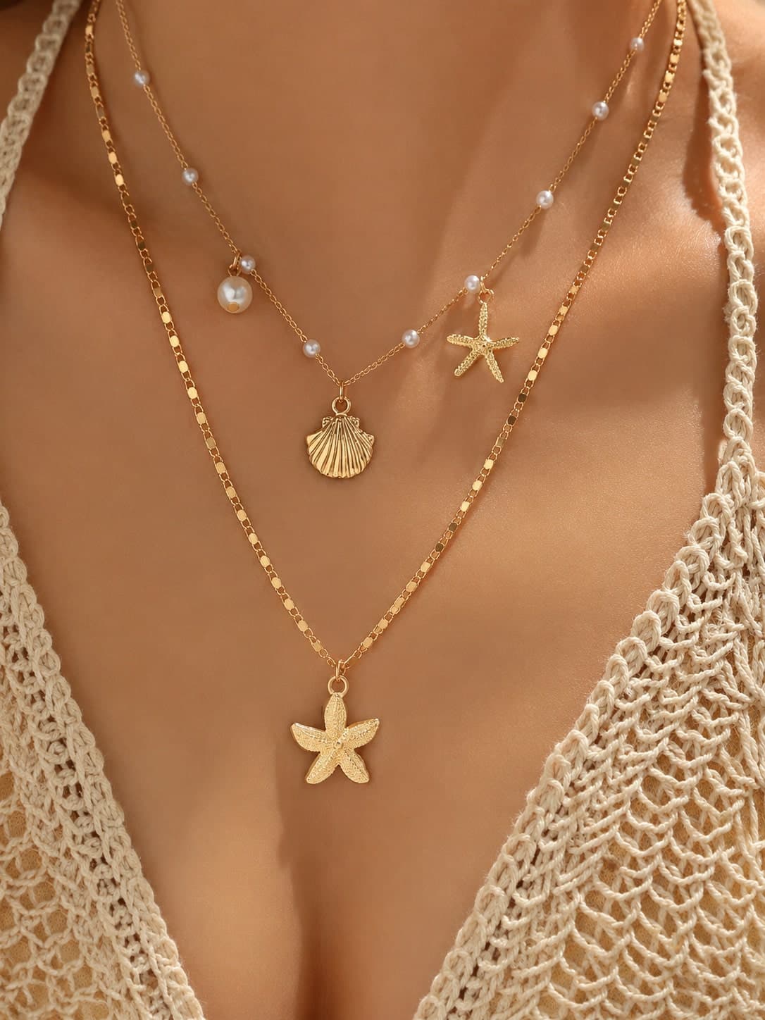 2Pcs/Set Bohemian Starfish Shell Pendant Necklace For Women Summer Beach Pearl Chain Necklace Summer Beach Jewelry Accessories