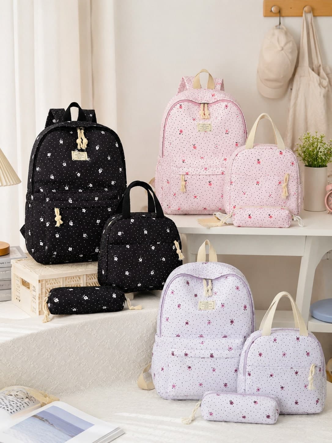 Casual Floral & Polka Dot Print Women's 3-Piece Backpack Set, Large Capacity Multi-Pocket Student Storage Combo With Matching Backpack, Lunch Bag And Pencil Case, Back To School Gift, Campus Daily Essentials