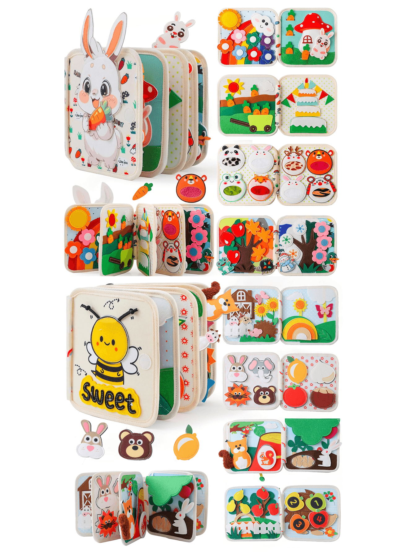 Felt Quiet Book For Babies - Durable Felt Interactive Picture Book With Bee And Various Animal Patterns, Learning Toy To Promote Motor Skills, Tactile And Visual Development, Cognitive And Hands-On Abilities, Colorful Design And Cute Illustrations, Ideal Birthday Or Christmas Gift For Babies