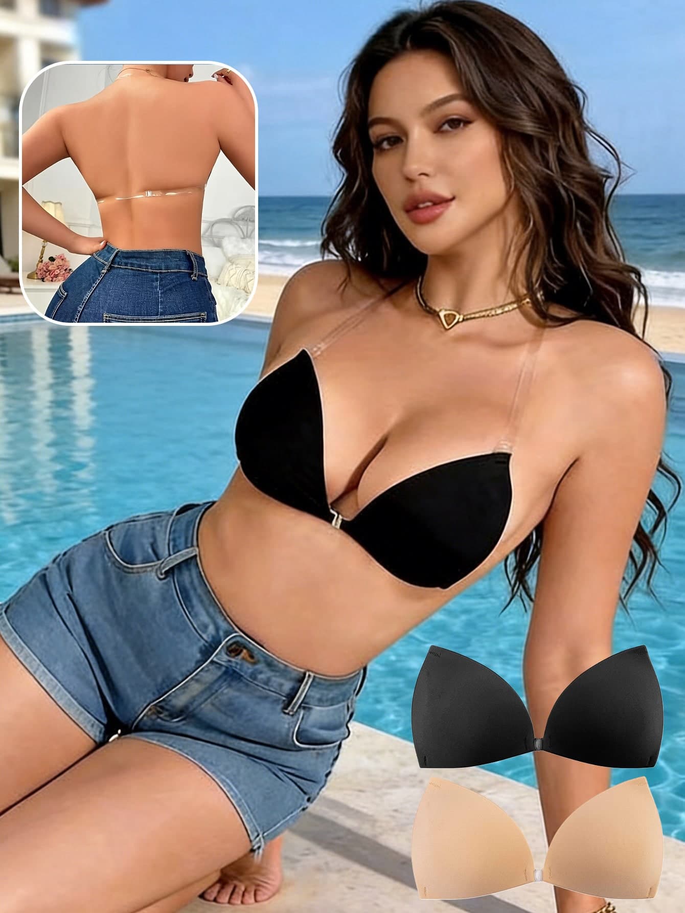 1pc Double Strap Triangle Bra, Adhesive Invisible Bra, Double Strap Design For More Stability, Suitable For Multiple Occasions