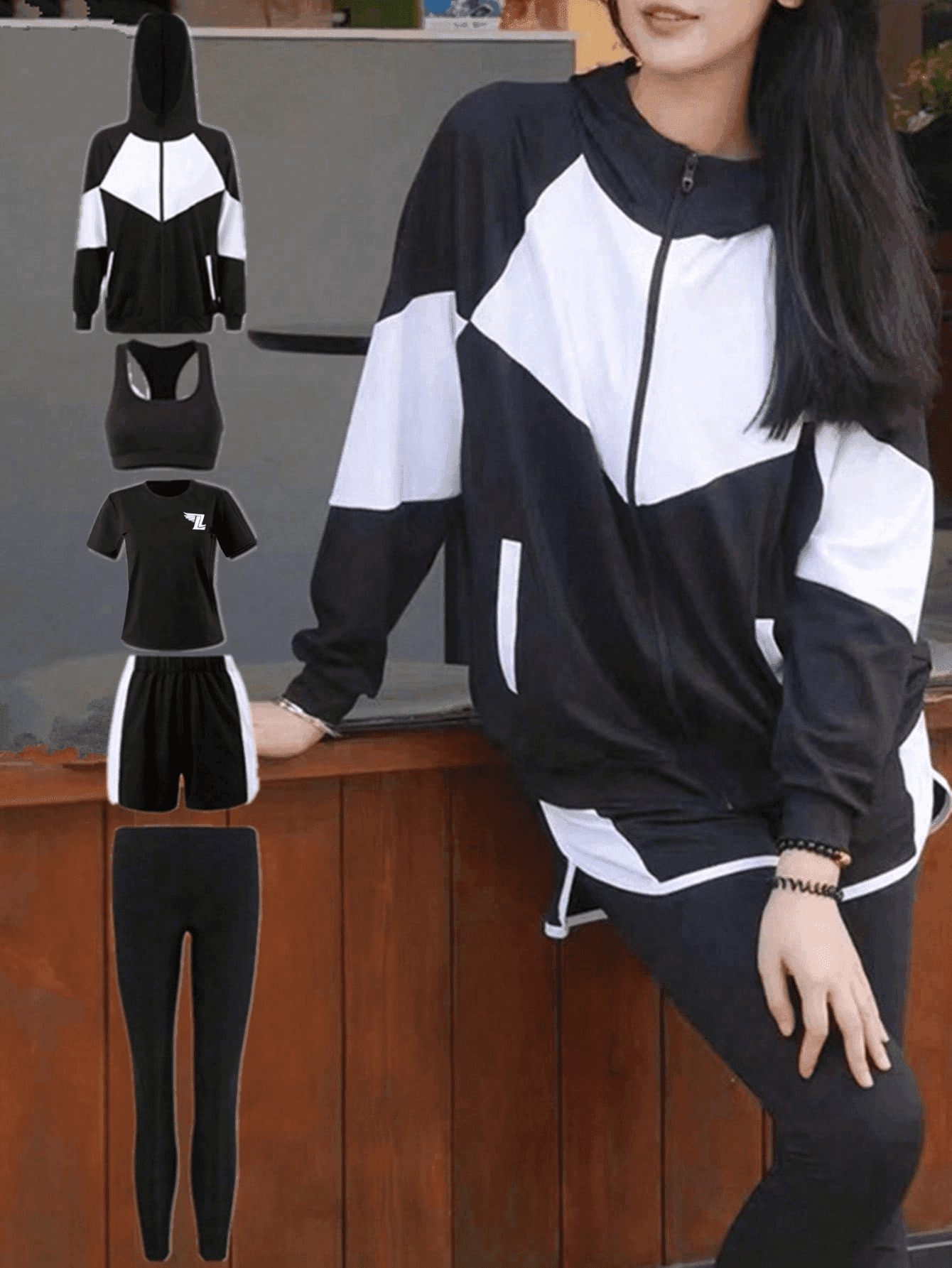 Women's Moisture-Wicking Sports Set, Yoga Bra + Zipper Hooded Long Sleeve Loose Fit Hoodie With Pockets + Sports Short Sleeve + Running Shaping Leggings + Pocket Shorts, 5-Piece Minimalist Gym Outfit Set