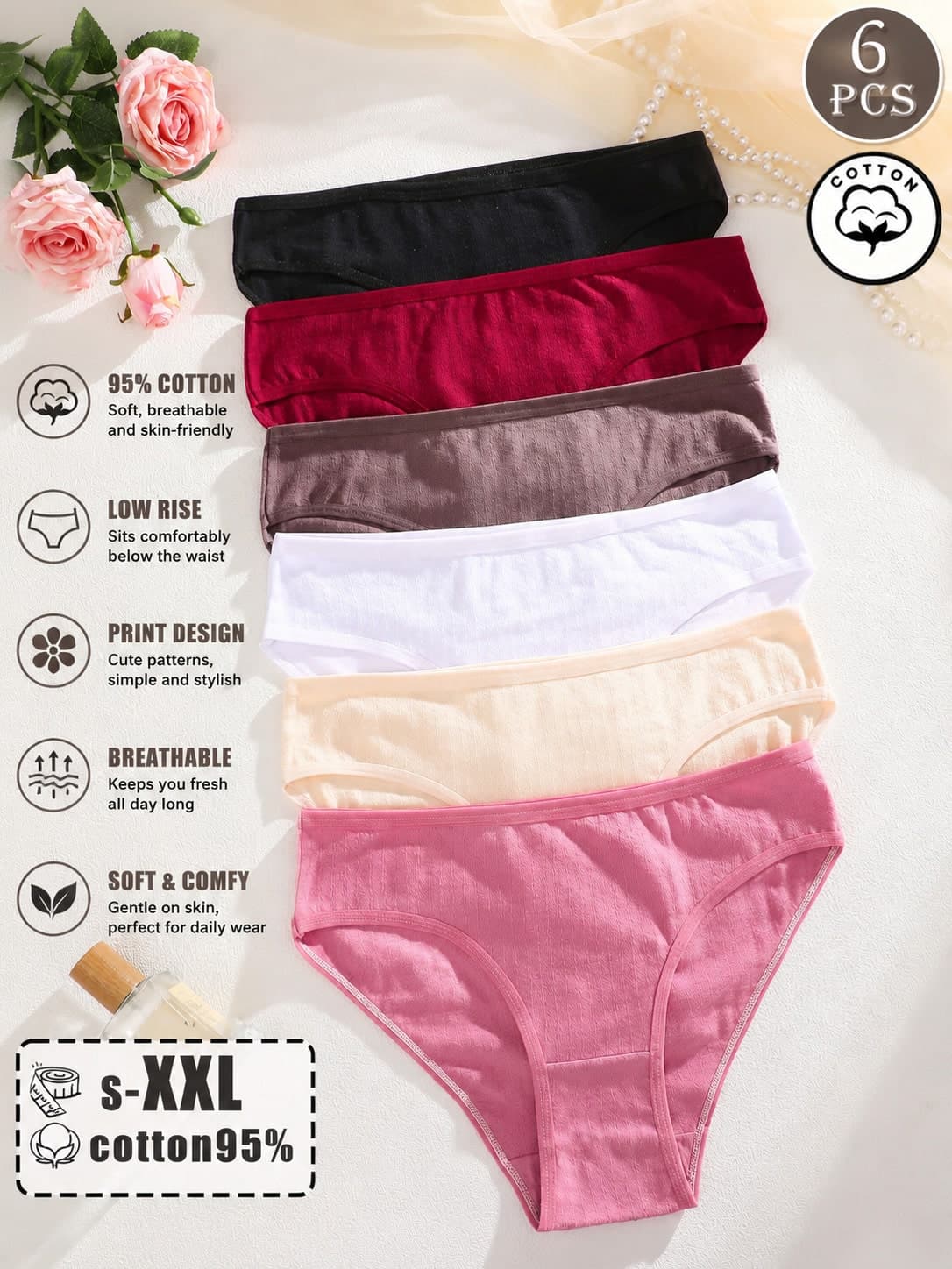 6pcs Cotton Light Plain High Cut Half Coverage Low Waist Sexy Cotton Triangle Panties, Plus Size Women's Underwear S-XXL