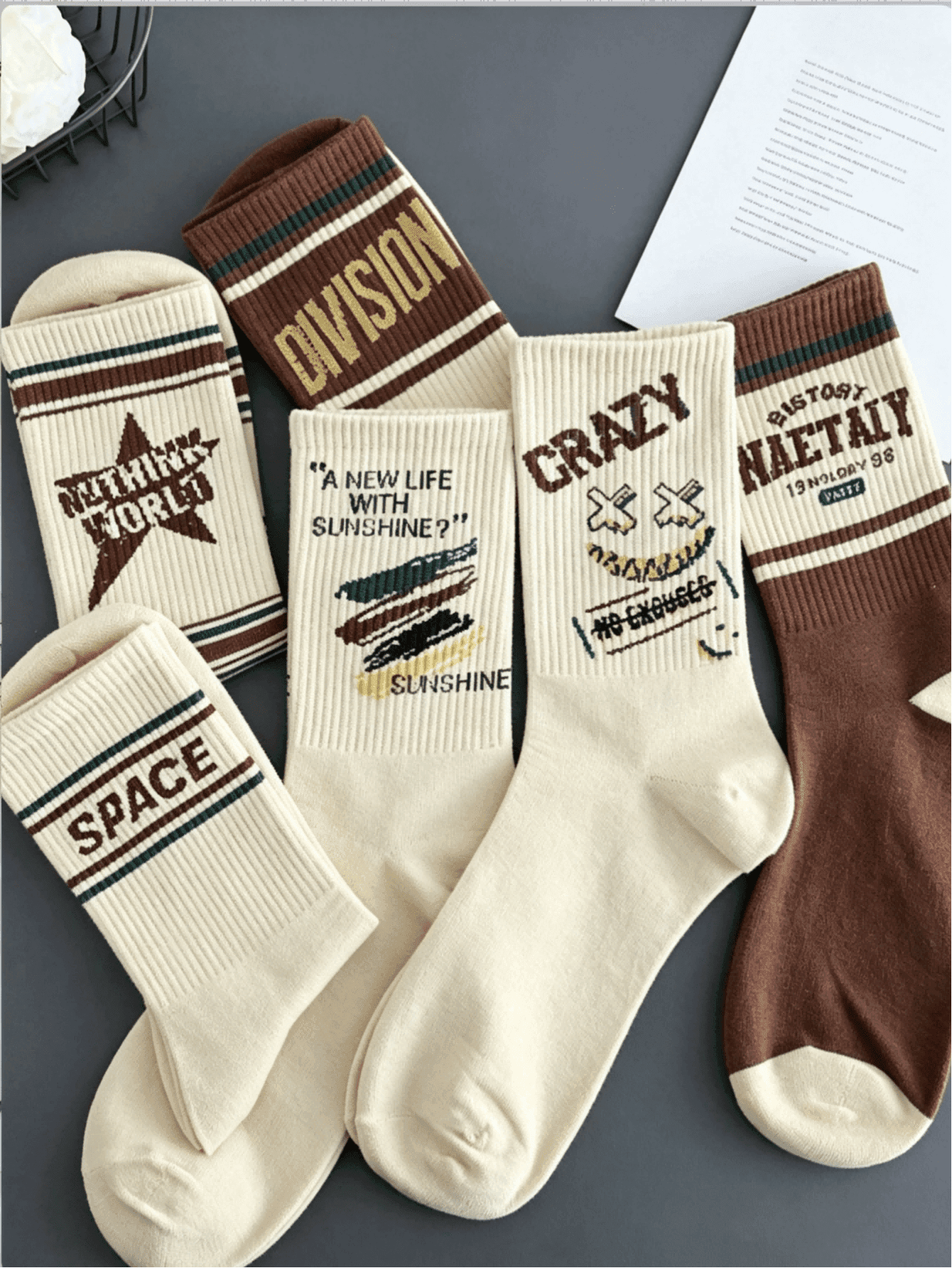 5 Pairs Random Style Maillard Print Vintage Letter Print Boat Socks, Fashionable Men's Sports Socks, Autumn Style