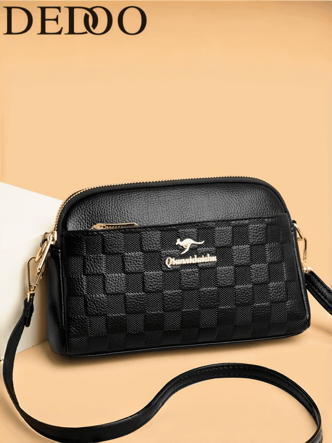 Dedoo Women's Shell Crossbody Bag, Checkerboard Faux Leather Wallet Bag With Kangaroo Logo, Multi-Pocket Adjustable Shoulder Strap, Vintage Daily Handbag