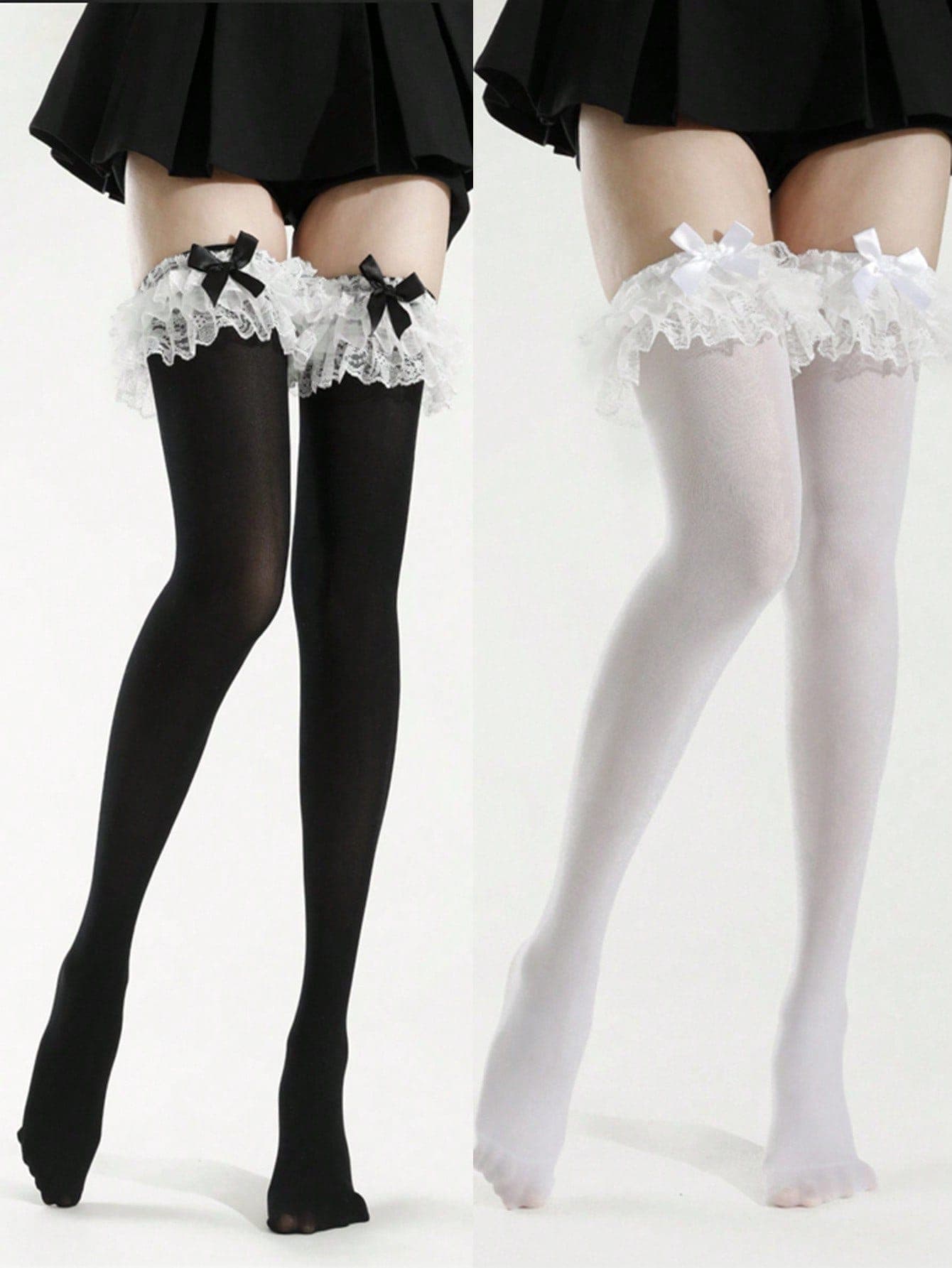 1 Pair Japanese Lace Bow Multi-Layer Floral Thigh High Socks, Slim Fit Lolita Ballet Over-The-Knee Socks, Y2K