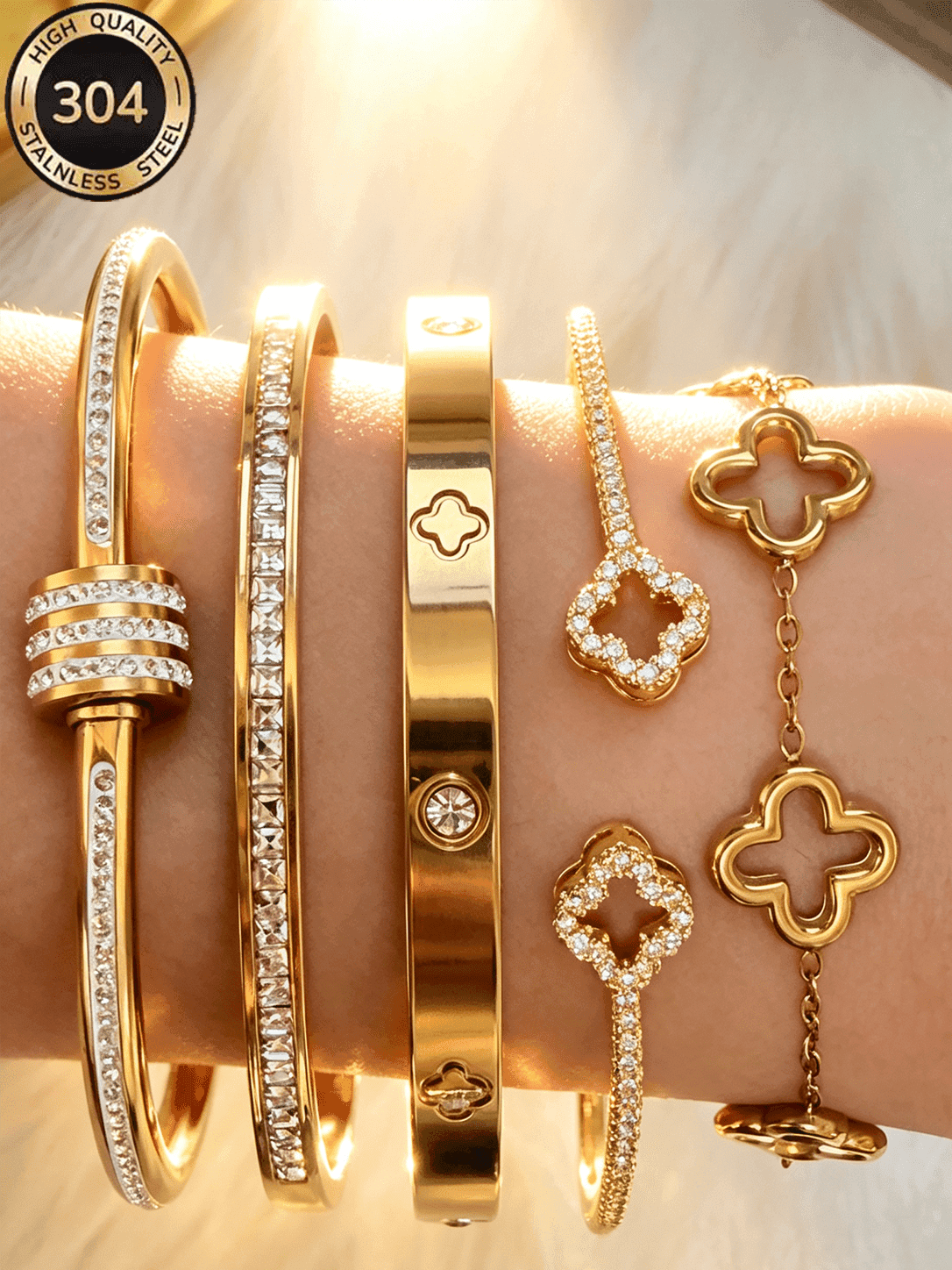 ZCNC Znice New 5-Piece Bracelet Set, Fashionable Stainless Steel + Copper, 18K Gold Plated, Women's Floral Rhinestone Bracelet With Lucky Four-Leaf Clover And Sparkling Square Rhinestone Bracelet Combination, Suitable For Women's Daily Wear, Holiday Gift, Fashionable Women's Bracelet Set