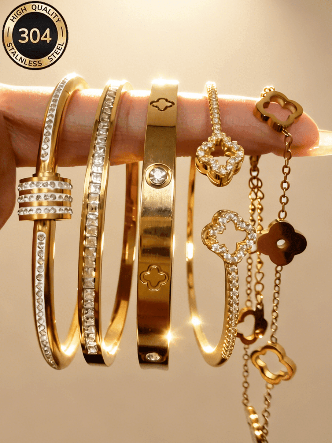 ZCNC Znice New 5pcs Bracelet Set, Fashion Stainless Steel + Copper, 18K Gold Plated, Women's Floral Rhinestone Bracelet Combination With Lucky Four-Leaf Clover And Sparkling Square Rhinestone Bracelet, Suitable For Women's Daily Wear, Holiday Gift, Fashion Women's Bracelet Set