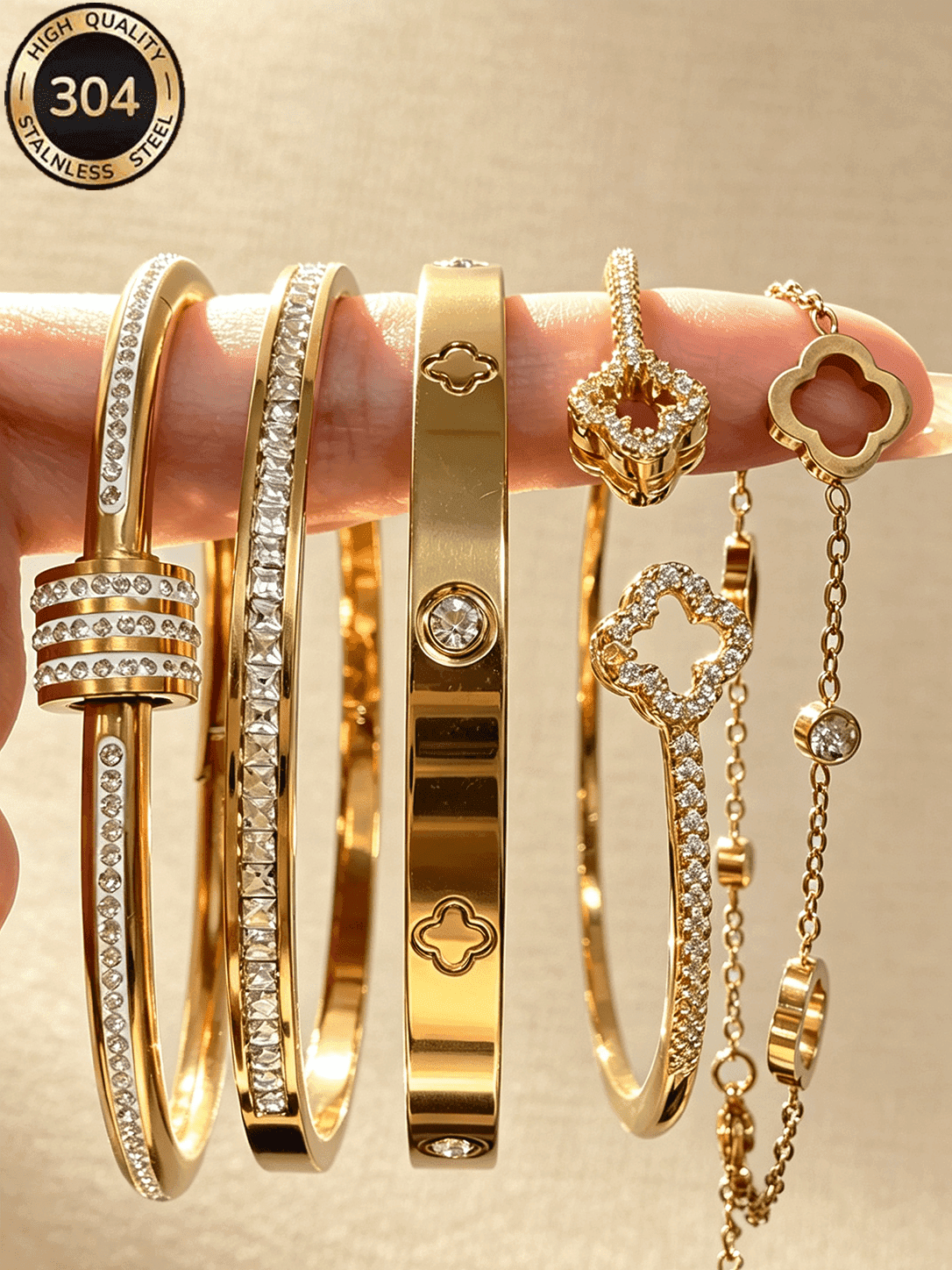 ZCNC Znice New 5pcs Bracelet & Bangle Set, Fashionable Stainless Steel + Copper, 18K Gold Plated, Women's Floral Rhinestone Bracelet & Bangle Combination, Inlaid Lucky Four-Leaf Clover And Shiny Square Rhinestone Bracelet Set, Suitable For Women's Daily Wear, Holiday Gift, Fashionable Women's Bracelet Set