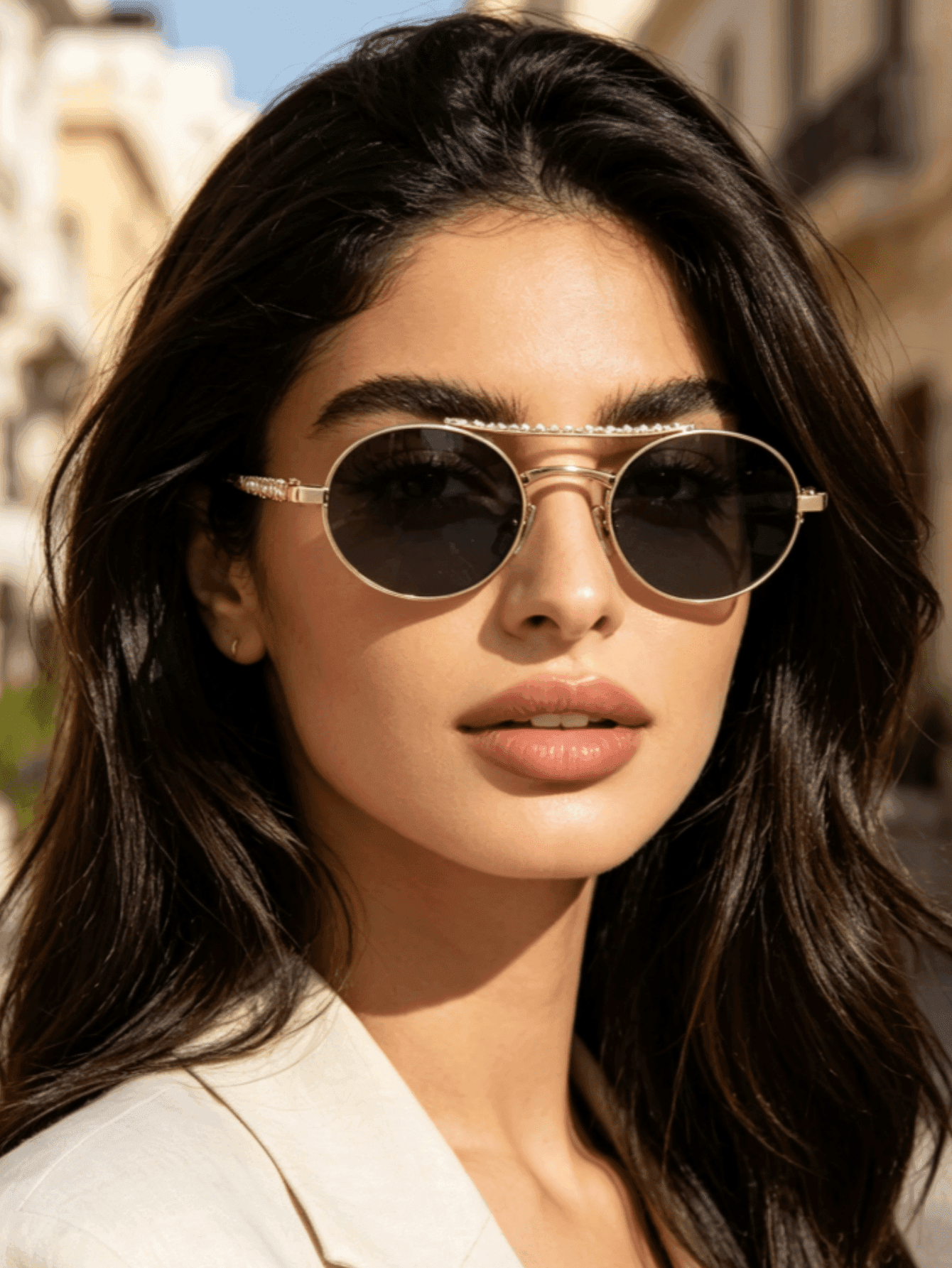 Premium Personalized Oval Fashion Glasses With Pearl And Rhinestone Embellishments, Small Frame Fashion Double Bridge Sun Protection Eyewear, Suitable For Halloween, Beach Scenes, Summer Beach Vacation, Outdoor, Travel, Accessory Gift