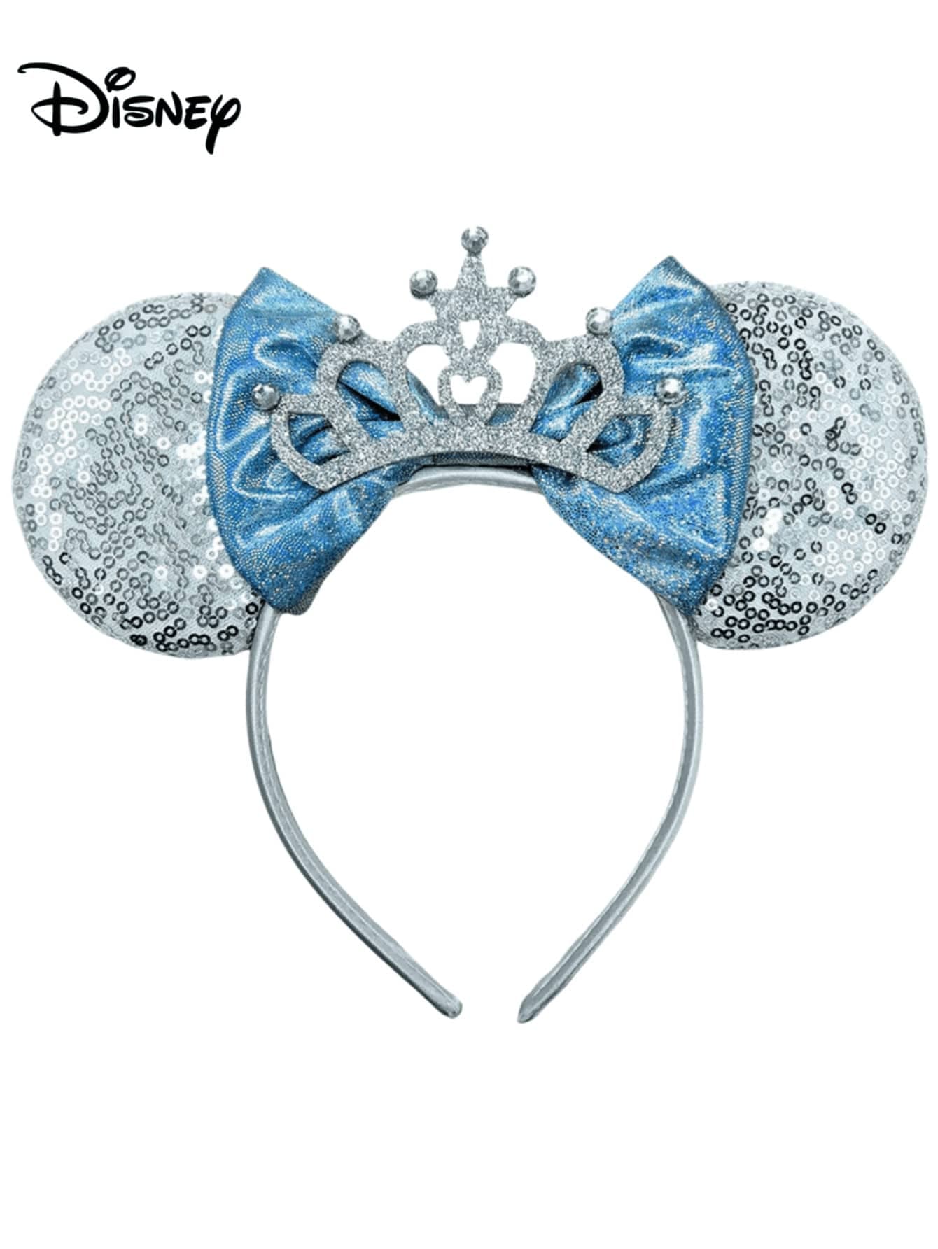 1pc Disney Cartoon Sequin White + Crown + Blue Bow Headband, Sequin Bow Hair Accessory, Cartoon Mickey Mouse Headband With Sequins, Suitable For Amusement Park Photos, Holiday Parties