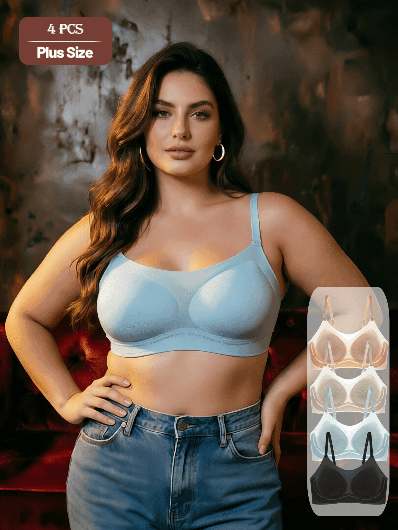 4pcs Plus Size Women's Seamless Wire-Free Semi-Fixed Cup Thin Backless Bra, Comfortable Lightweight Breathable