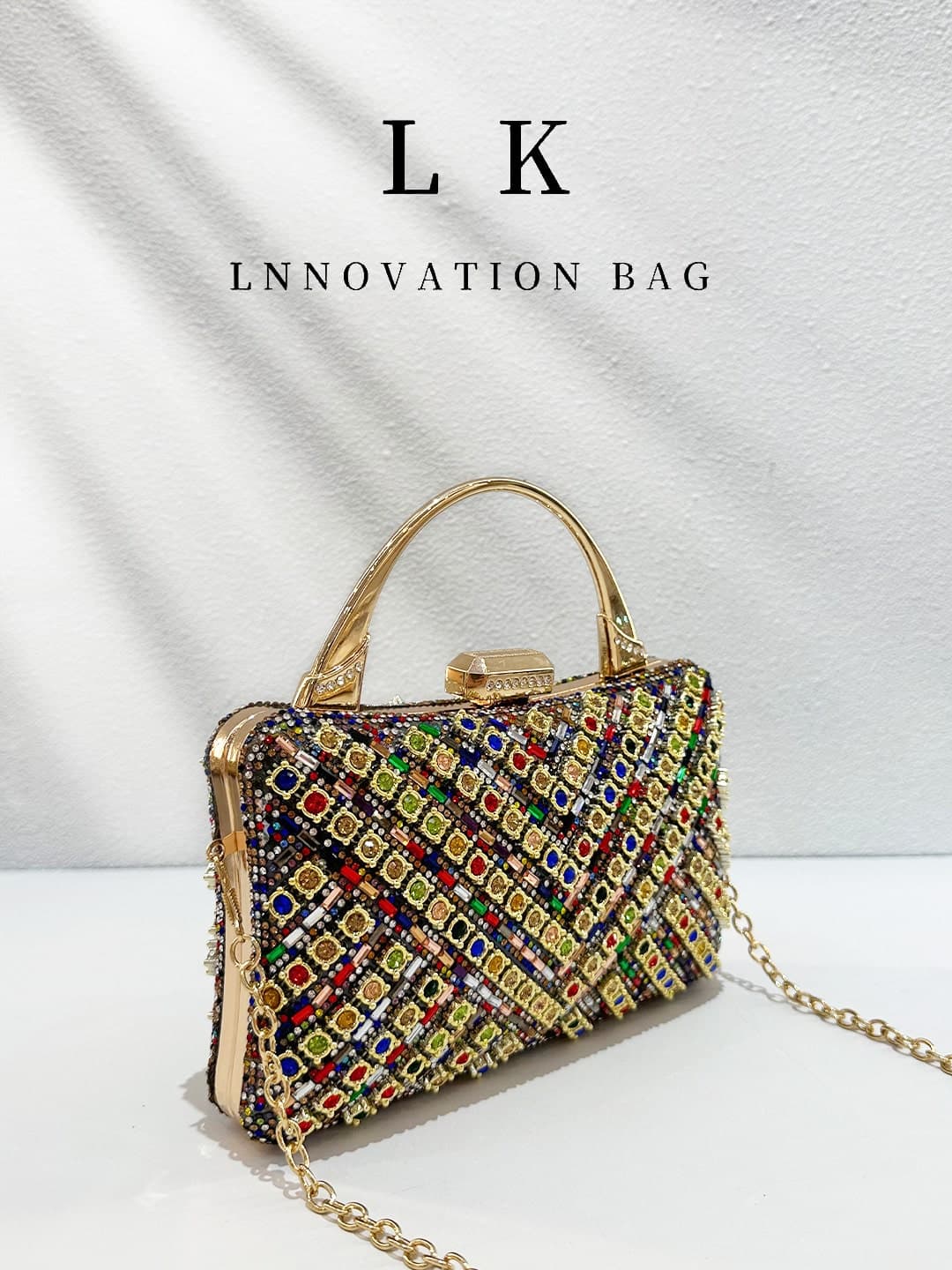 1pc Women's Colorful Rhinestone Diamond Pattern Evening Clutch, Shiny Colorful Rhinestone Metal Hard Box Bag With Detachable Chain, Elegant Wedding Ball Cocktail Party Dress Evening Handbag