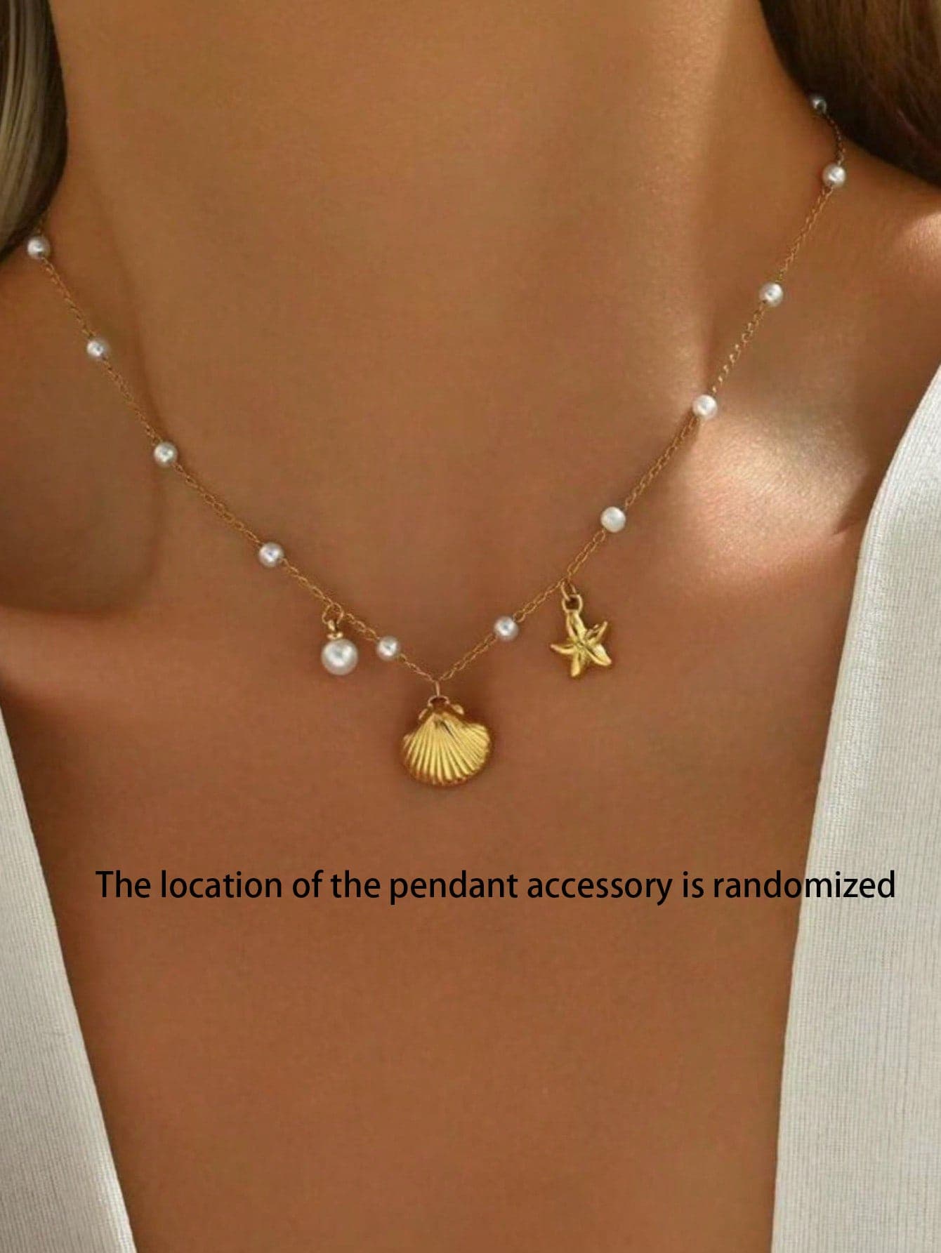 1PC Women's Gold Stainless Steel Single Strand Pearl Ocean Shell Starfish Necklace Fashion Jewelry 18K Gold Plated
