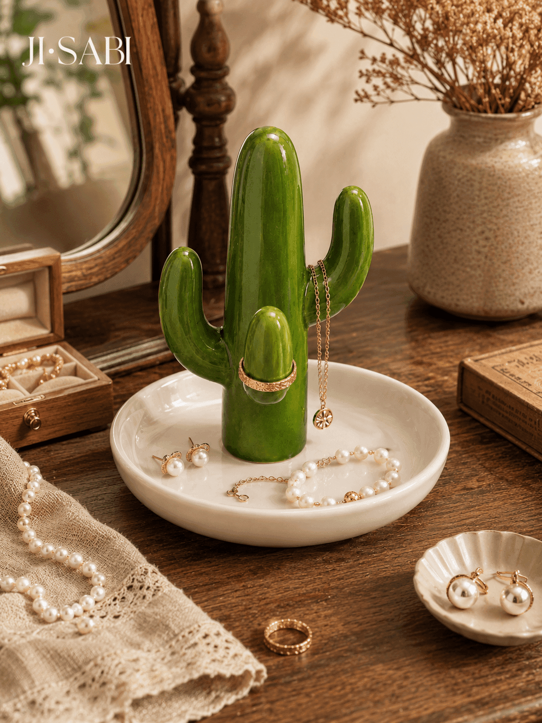1pc Bright Green Cactus Jewelry Tray, Ring Necklace Earring Storage Dish, Bohemian Desert Style Vanity Decor Small Accessory Organizer Gift