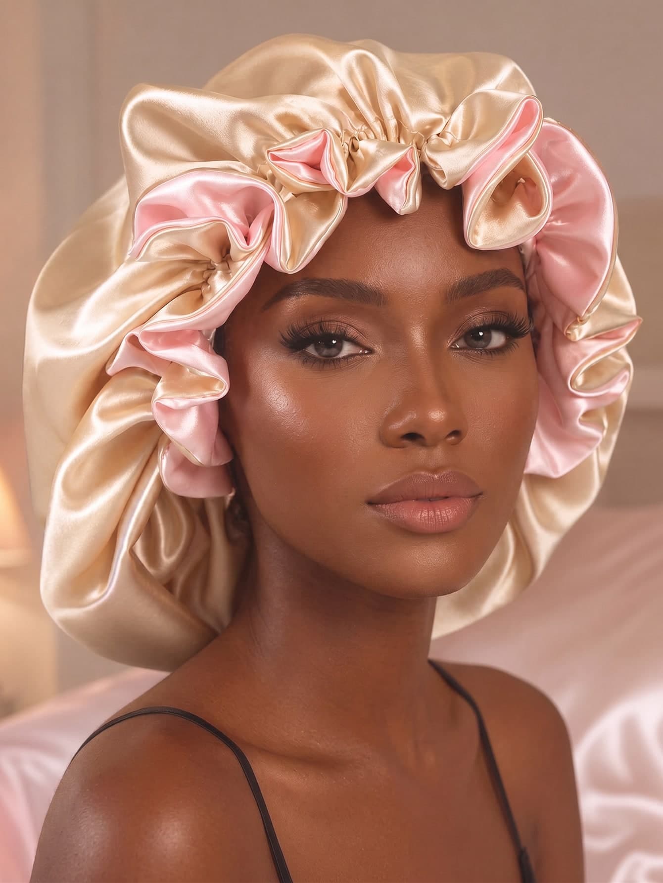 1pc Champagne Pink Patchwork Lace Satin Sleep Cap For Women, Soft Moisturizing Hair Care Sleeping Head Cover