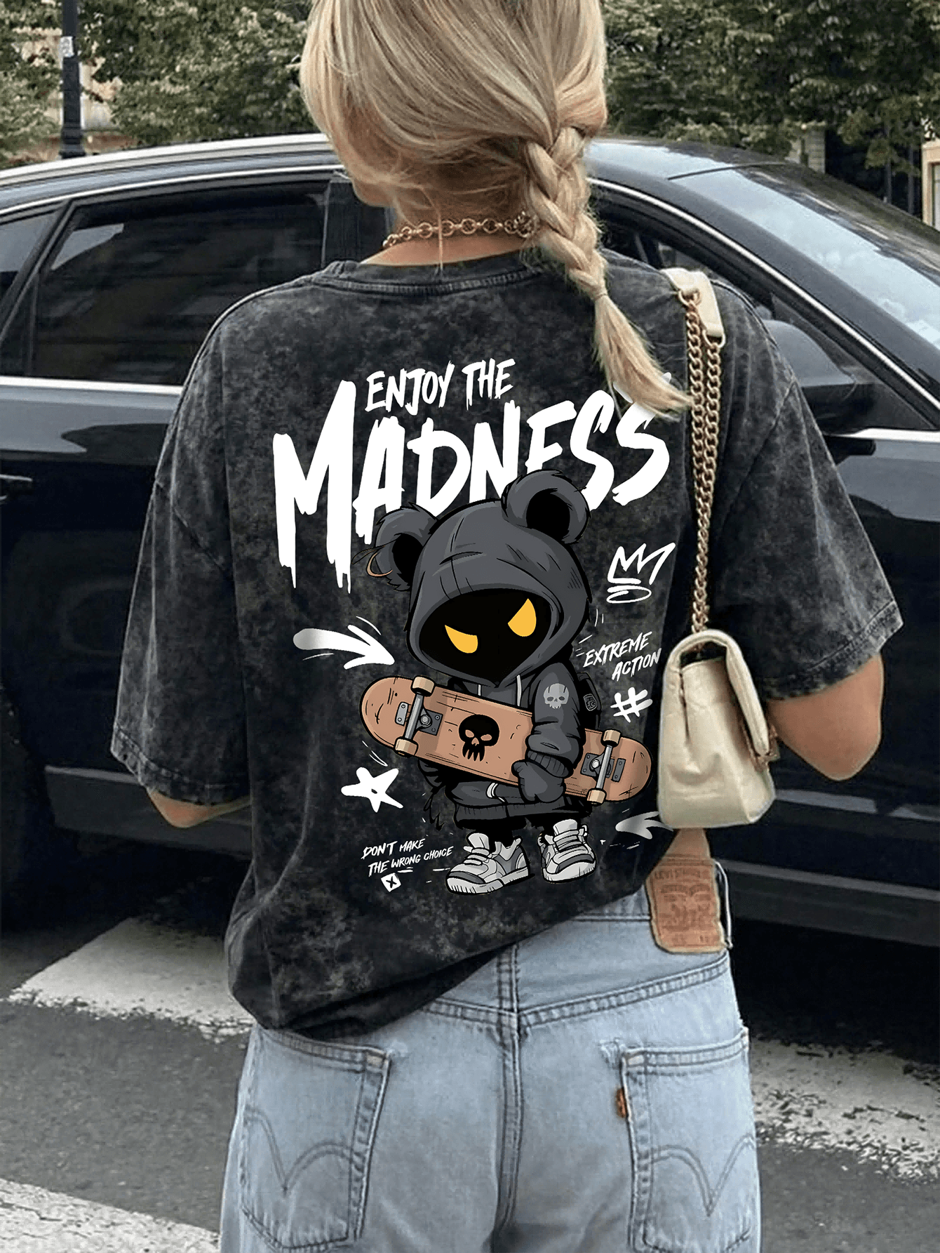 Women's High Street Dark Style Tie-Dye Bear Skateboard Print Short Sleeve T-Shirt, Loose Fit Crew Neck Casual Top, Y2K Style, Summer Black