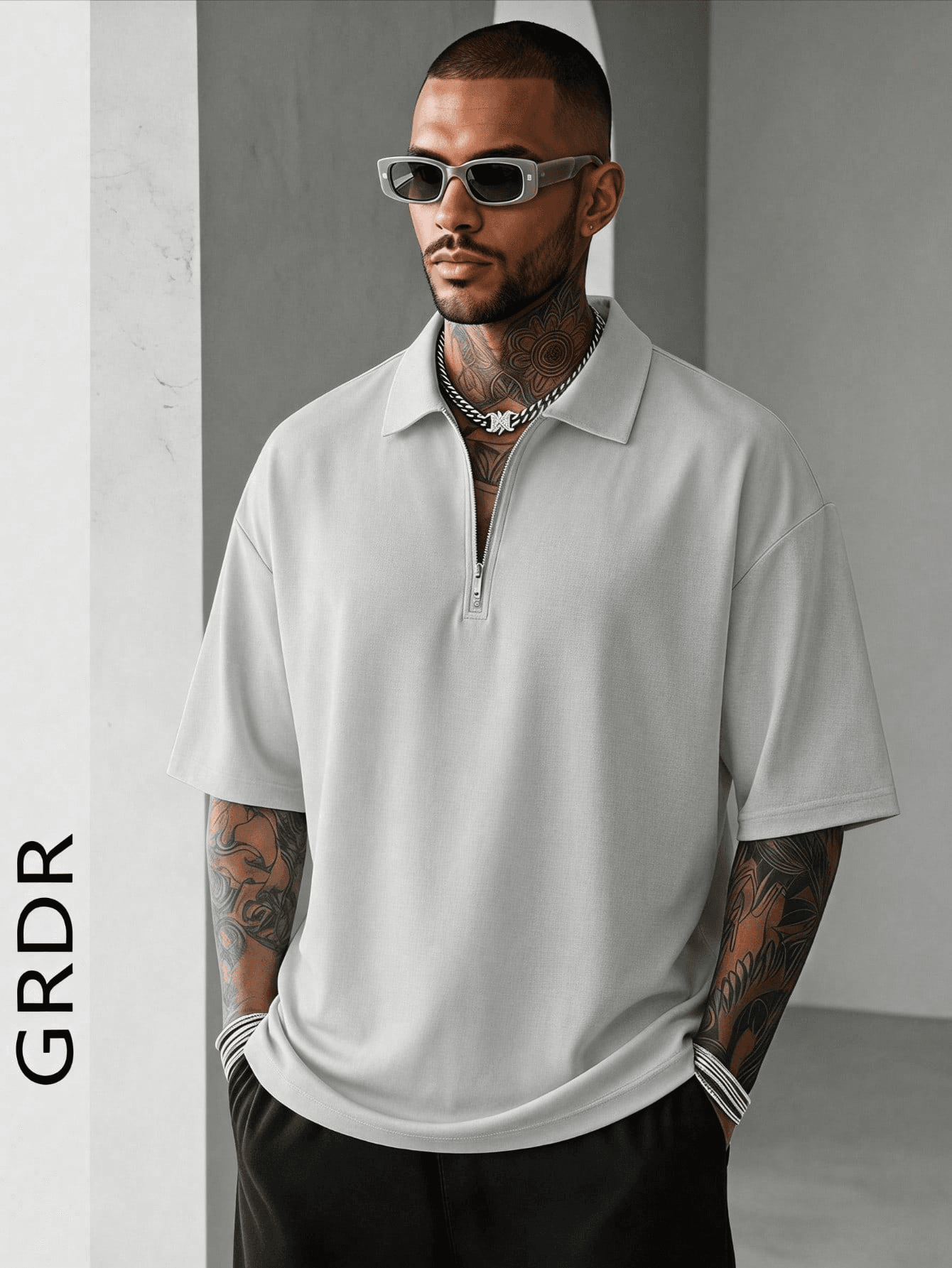 GRDR Men's Summer Half-Zip Polo Collar Short Sleeve T-Shirt, Solid Color Classic Short Sleeve Suitable For Outdoor Casual Wear