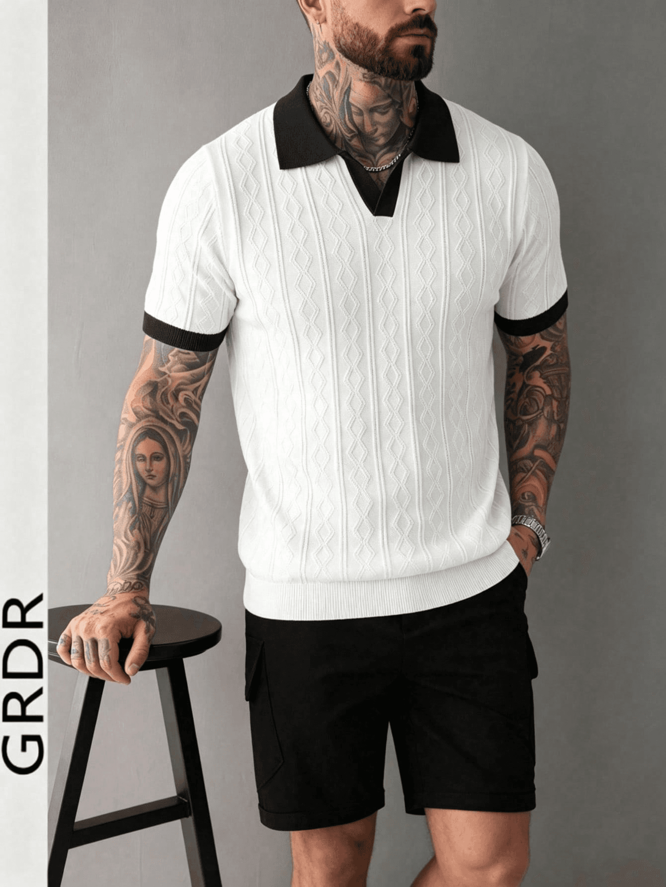 GRDR Men's Polo Collar Contrast Trim Design Knit Short Sleeve Top - Fashionable Casual T-Shirt