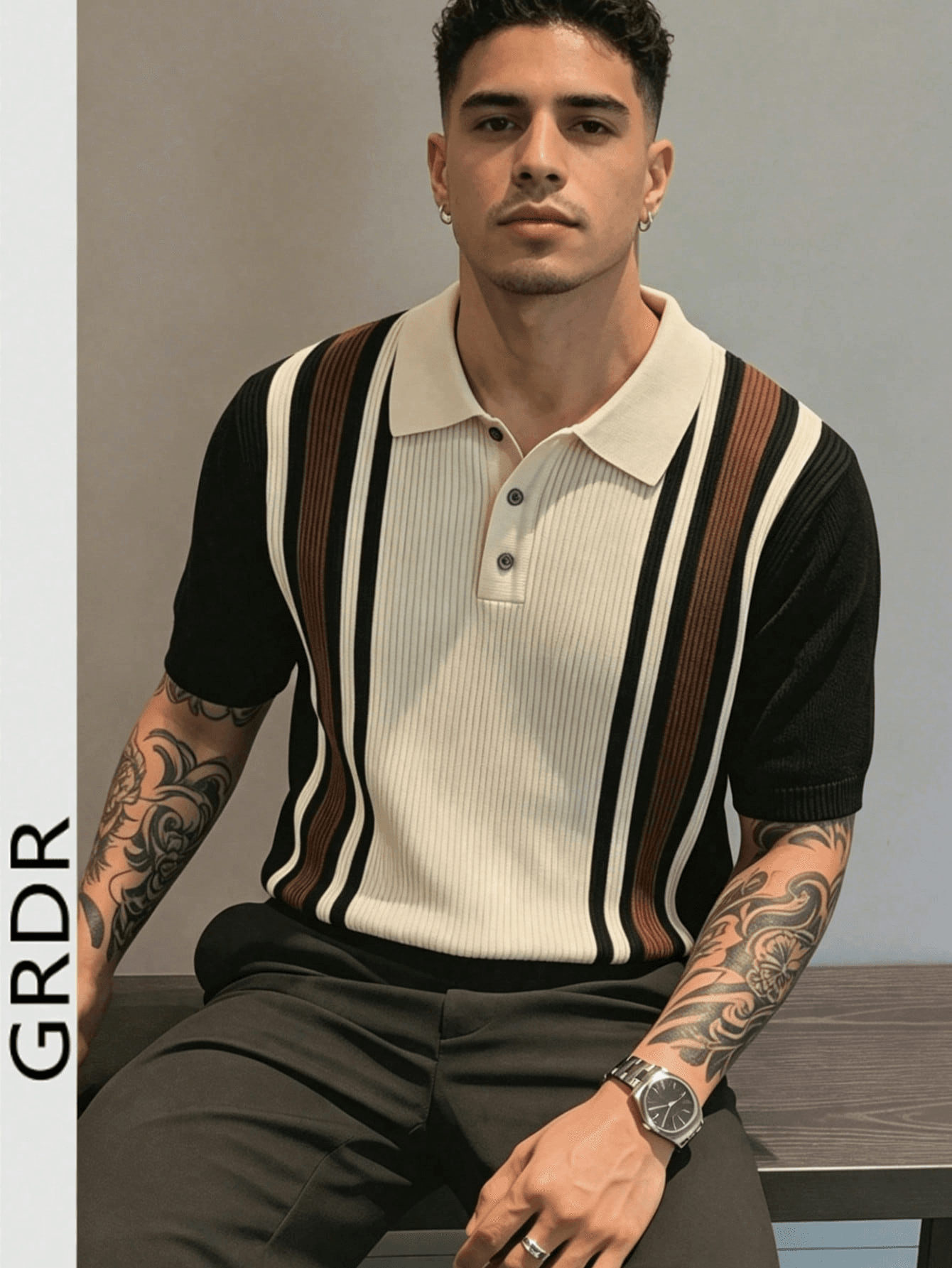 GRDR Men's Polo Collar Striped Casual Minimalist Stylish Knit Short Sleeve T-Shirt - Comfortable For Daily Outings And Activities
