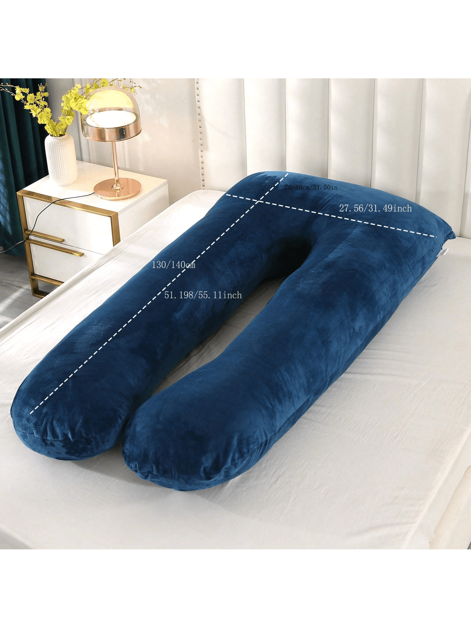 Navy Blue Crystal Velvet U-Shaped Pregnancy Pillow, Side Sleeping Lumbar Support, Removable & Washable, Maternity Full Body Pillow