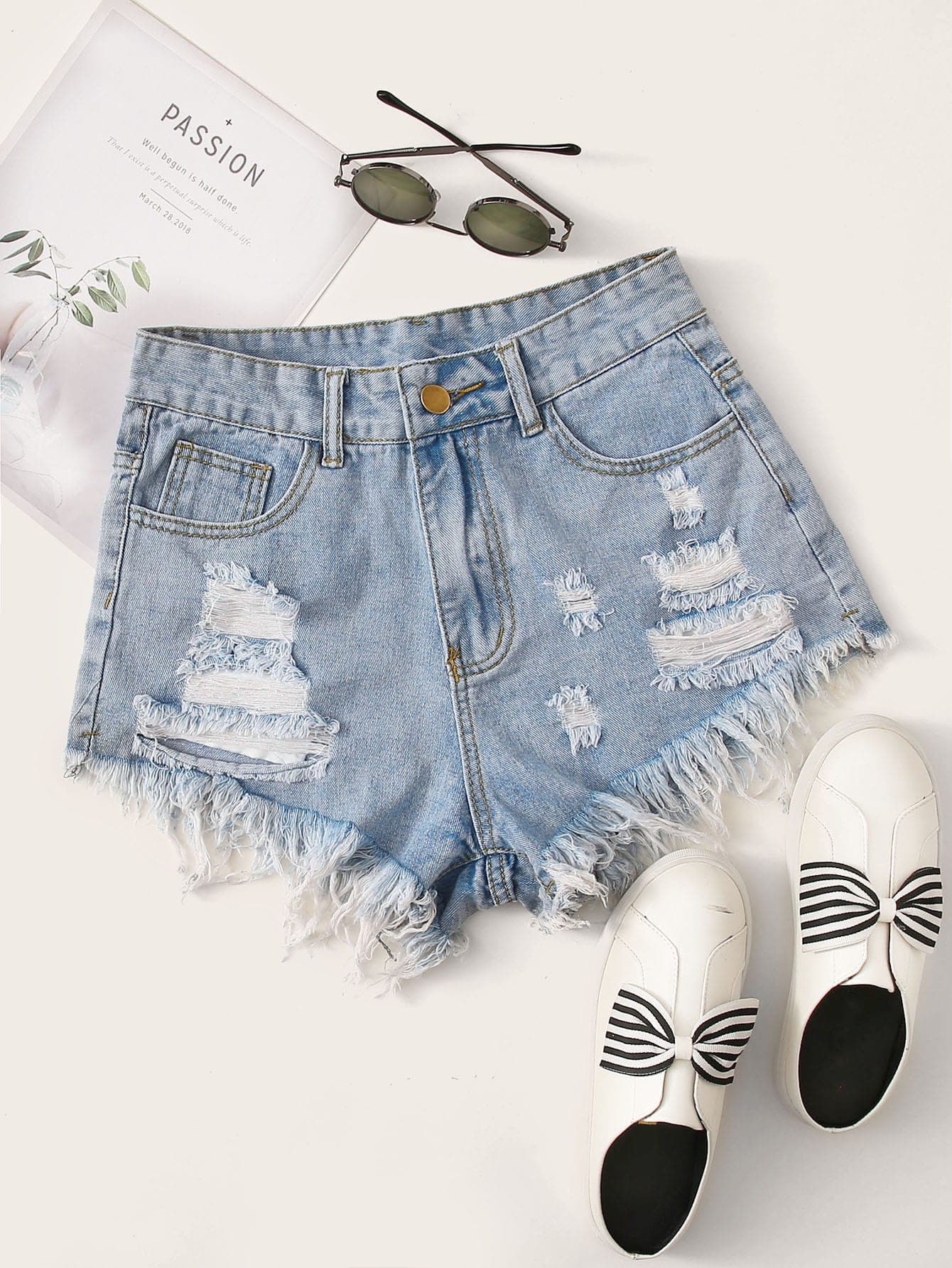 SHEIN Essnce Raw Hem Ripped Denim Shorts