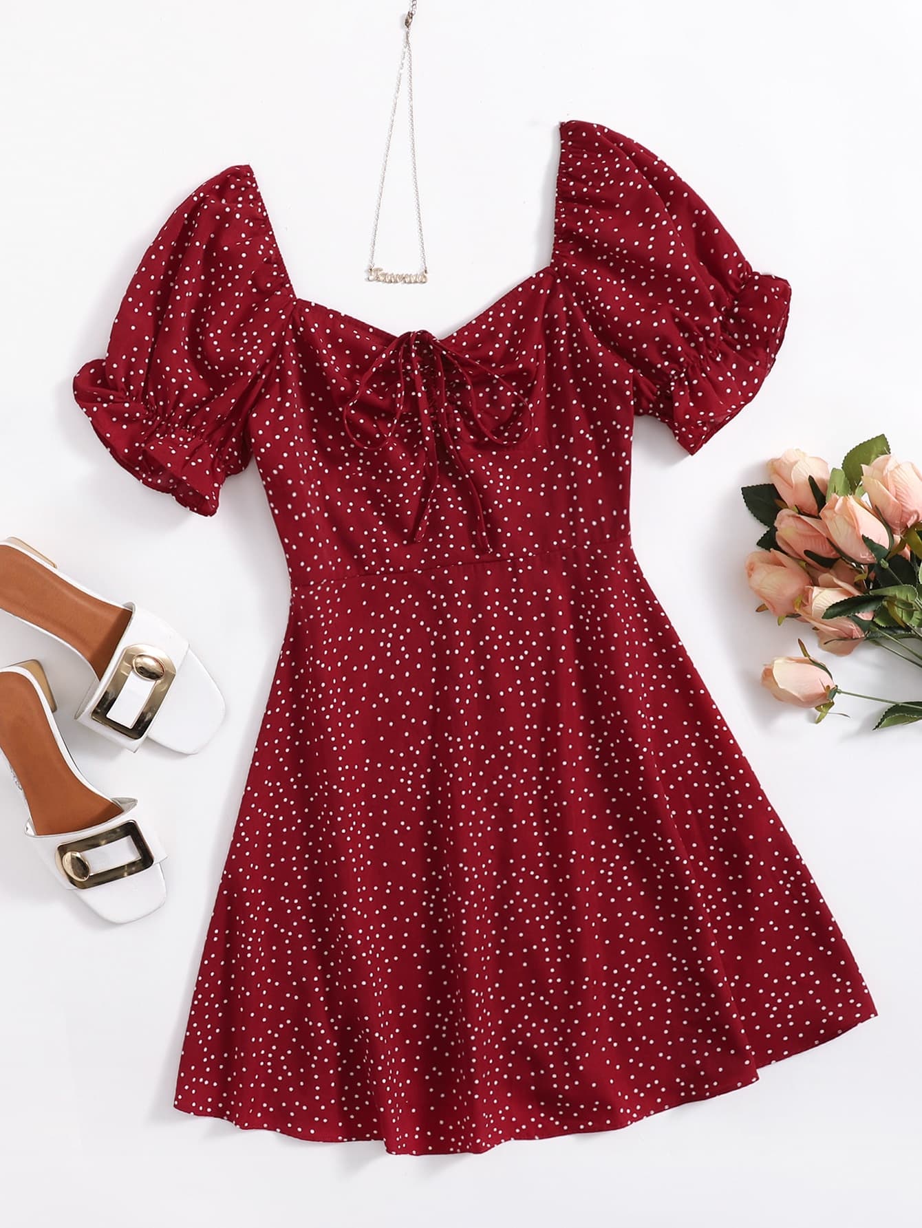 Soleia Sweetheart Neck Puff Sleeve Drawstring Ruched Dalmatian Dress,Polka Dot Dress