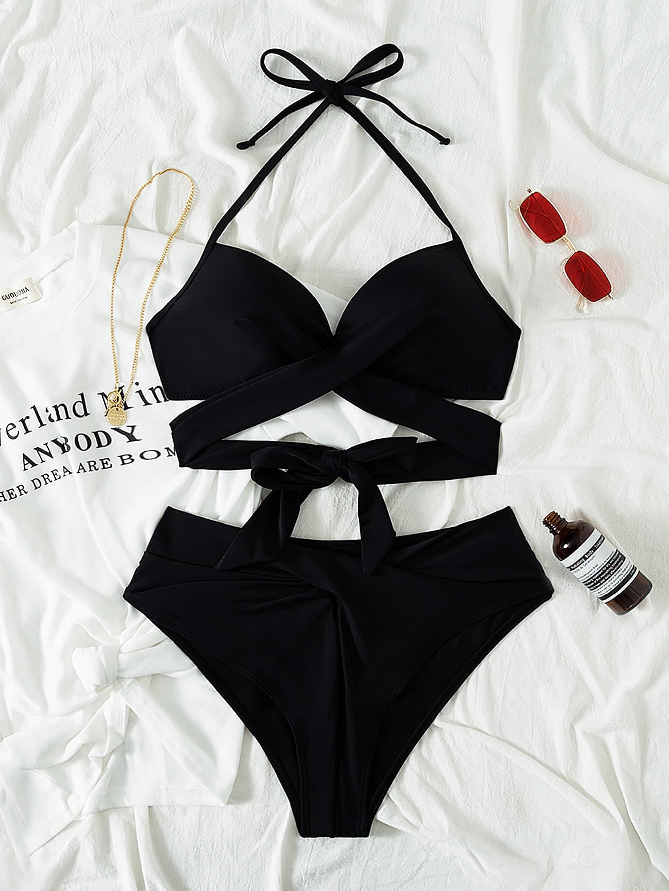 Swim Vcay Summer Beach Wrap Halter Push Up Bikini Set