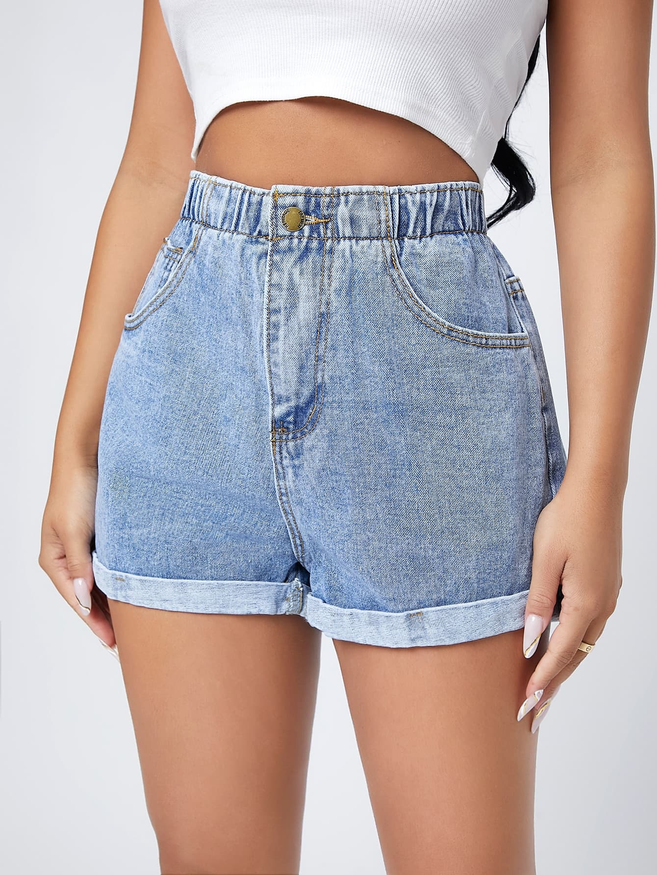 Flexra High Waist Roll Hem Denim Shorts