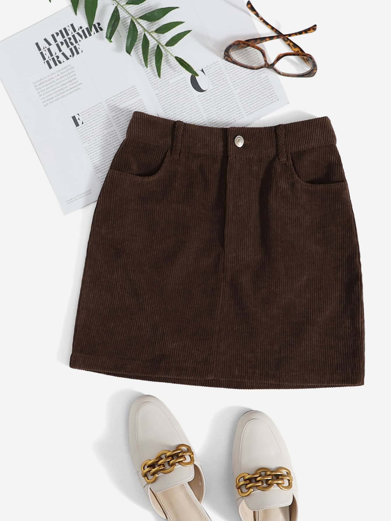 SHEIN EZwear Corduroy Dual Pockets Straight Mini Skirt