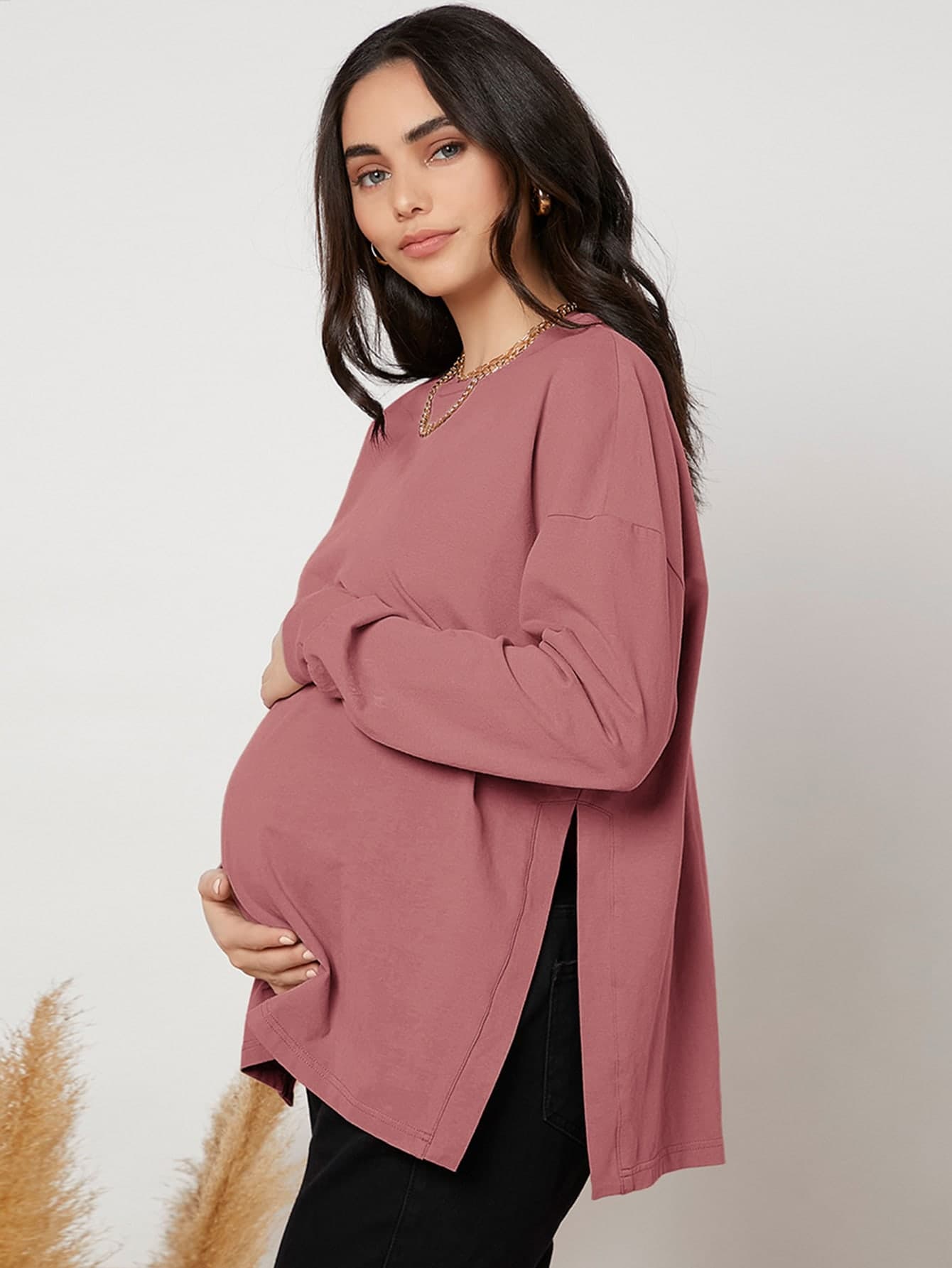 SHEIN Maternity Drop Shoulder Slit Hem Tee With Long Sleeve World Cup Fall