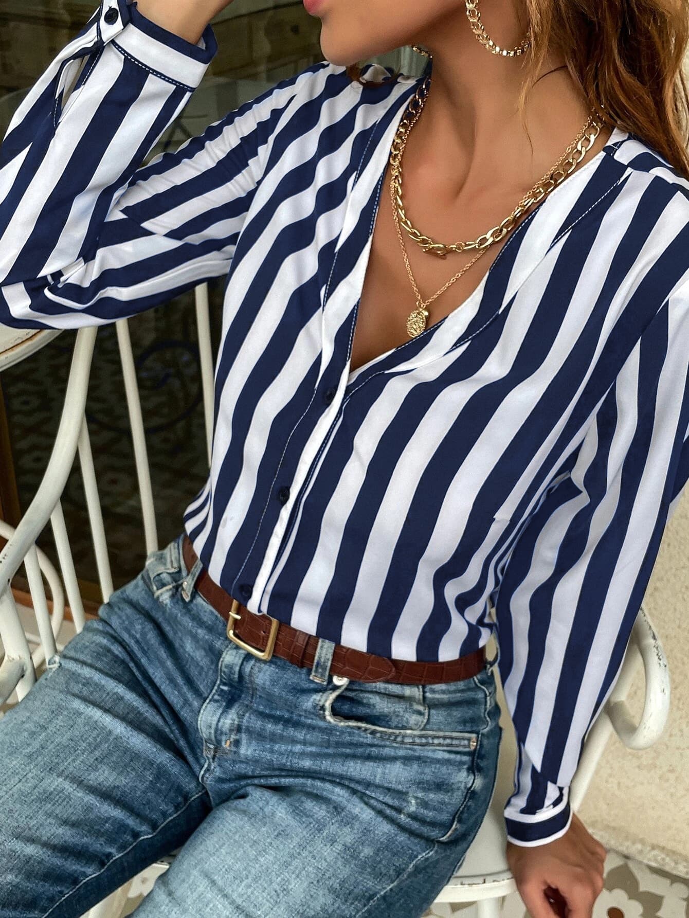 SHEIN LUNE Striped Print Button Front Blouse,Long Sleeve Tops Fall Cloth For Women