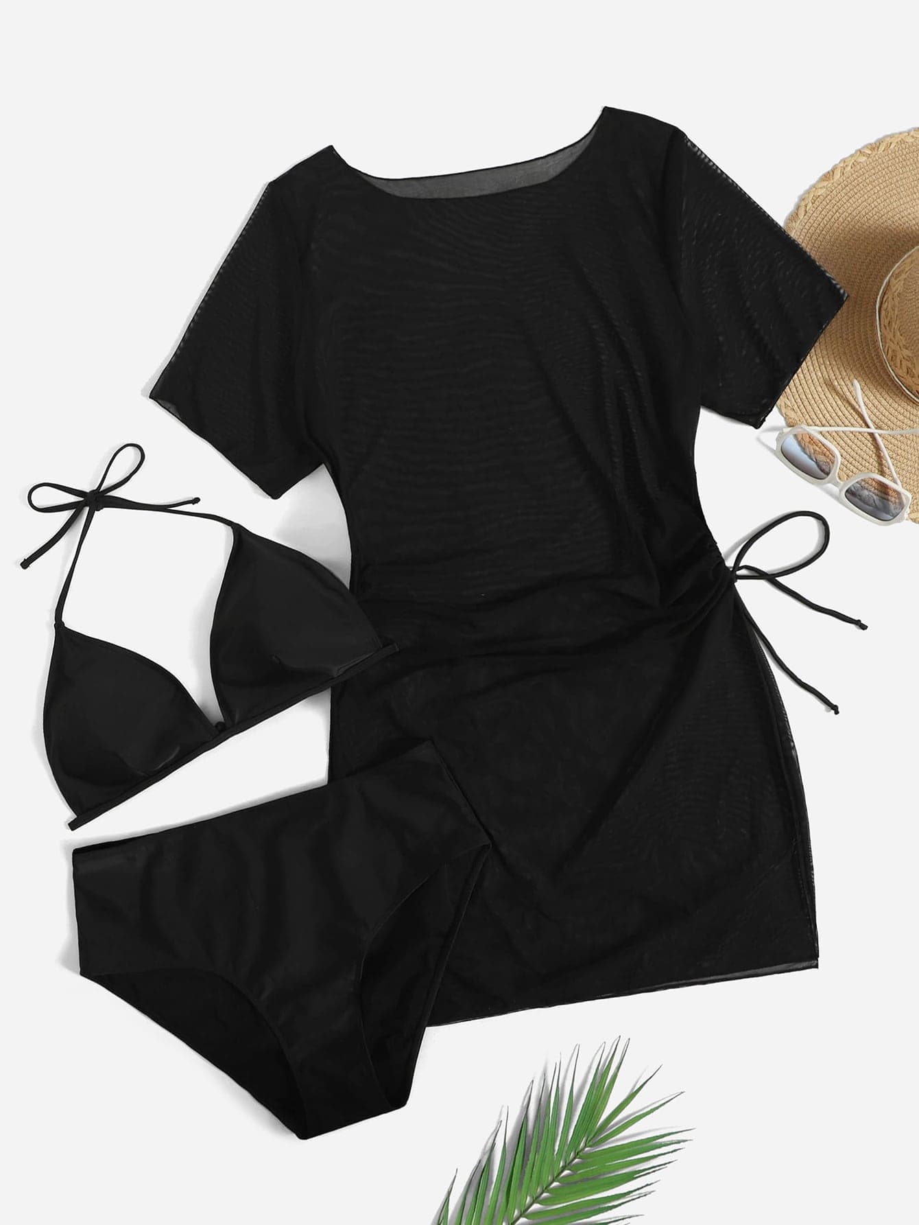 Swim Basics Summer Beach Plus Solid Bikini Set Halter Triangle Bra & High Waisted Bottom & Cover Up Dress 3 Piece Bathing Suit
