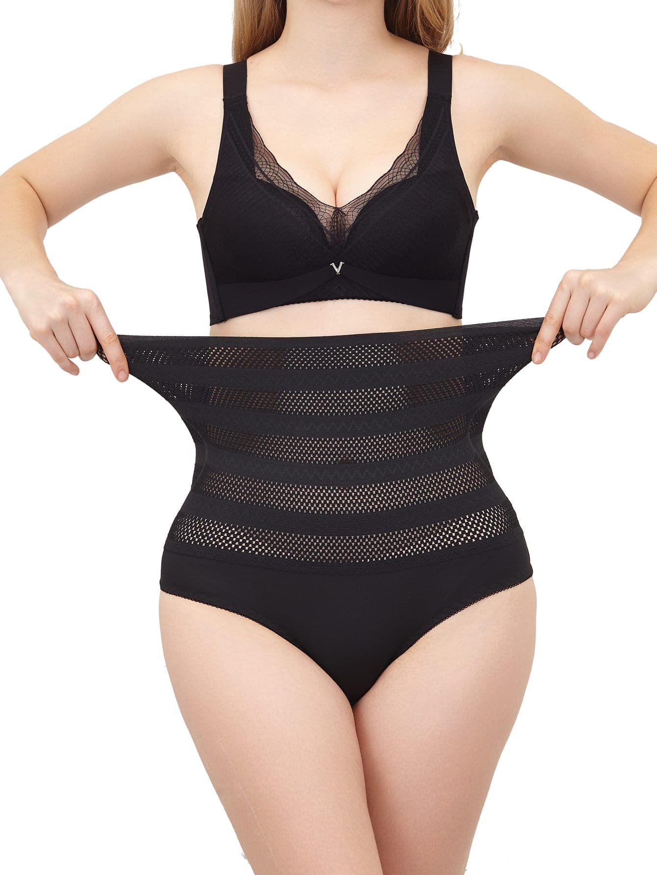 SHEIN Women's Black High Stretch Casual Shapewear Shorts Briefs Long Length Plain Fabric Sheer Contrast Lace Detail