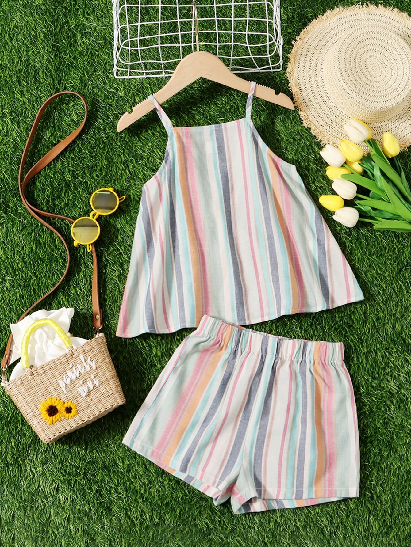 SHEIN Tween Girl Rainbow Striped Cami Top & Shorts