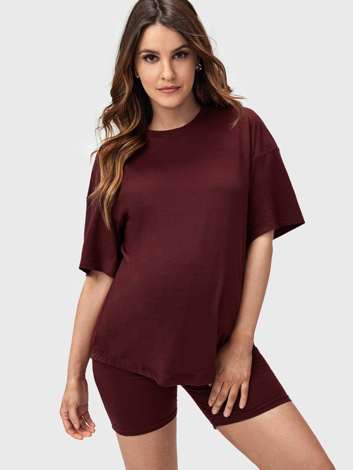 SHEIN Maternity Solid Drop Shoulder Top & Biker Shorts Set World Cup