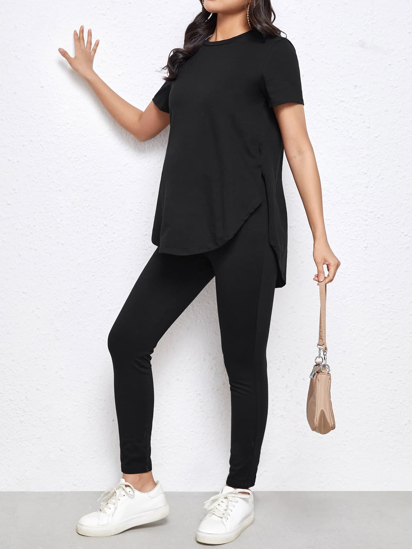 SHEIN Maternity Split Curved Hem Solid World Cup Top & Leggings Set