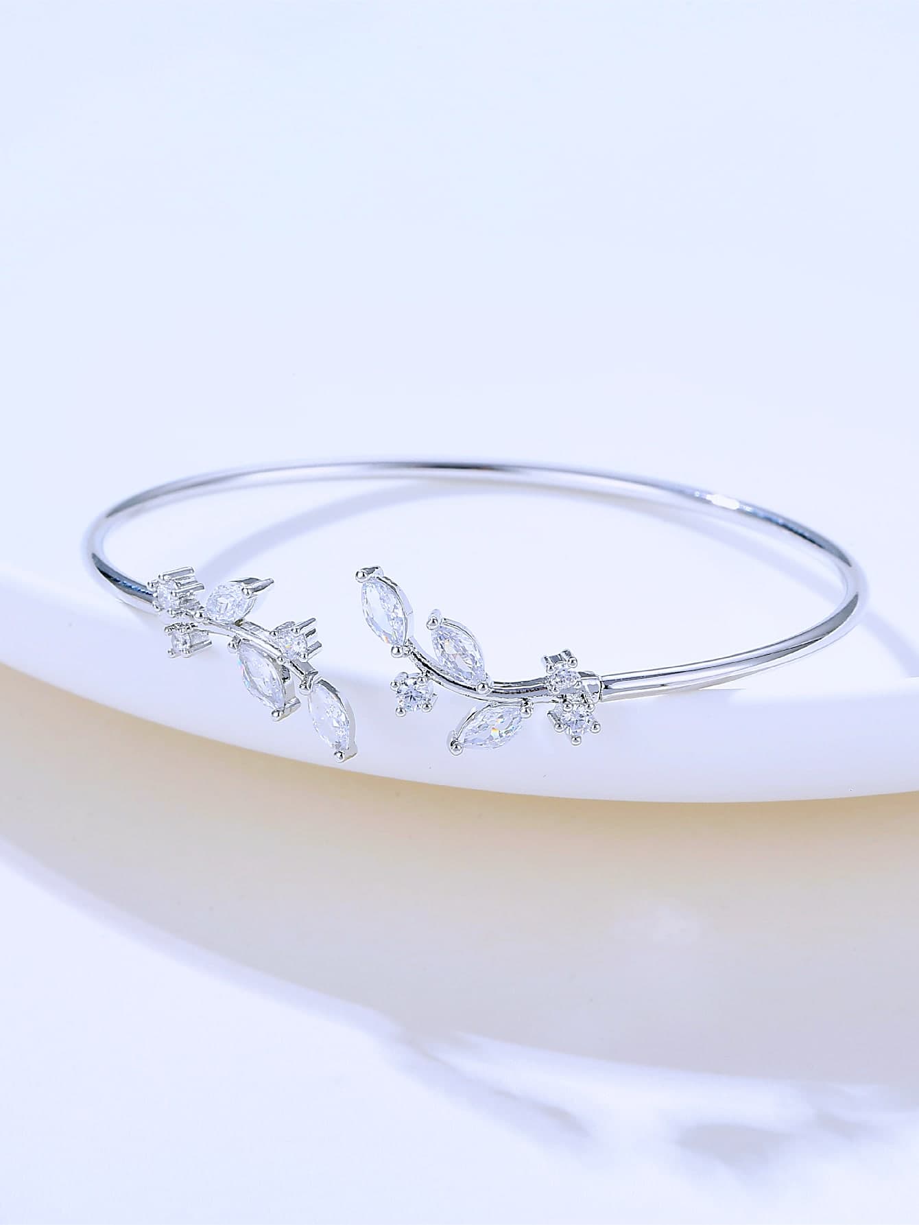 Cubic Zirconia Leaf Decor Cuff Bangle