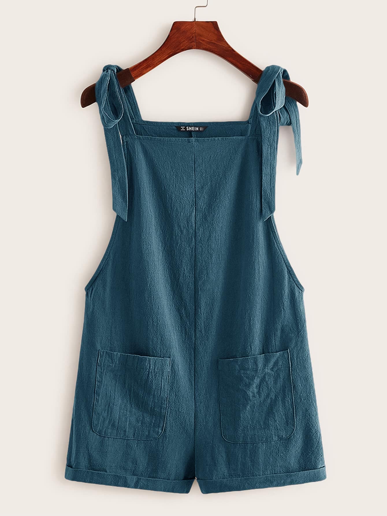 SHEIN EZwear Knot Strap Pocket Patched Pinafore Romper