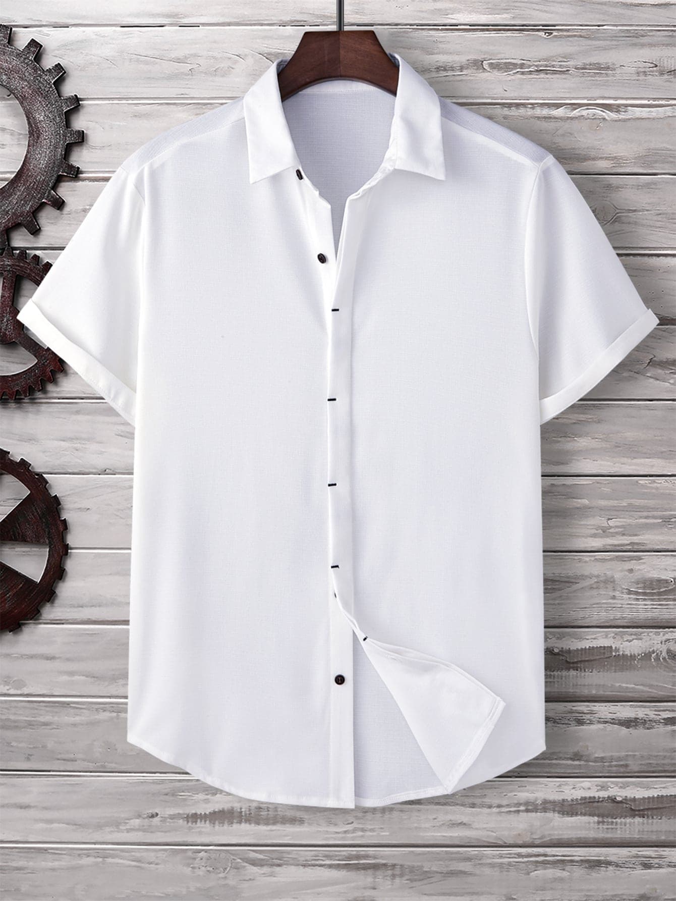 Manfinity Homme Men Button Up Curved Hem Slim Fit Short Sleeve Collar Plain Casual Shirt, Formal