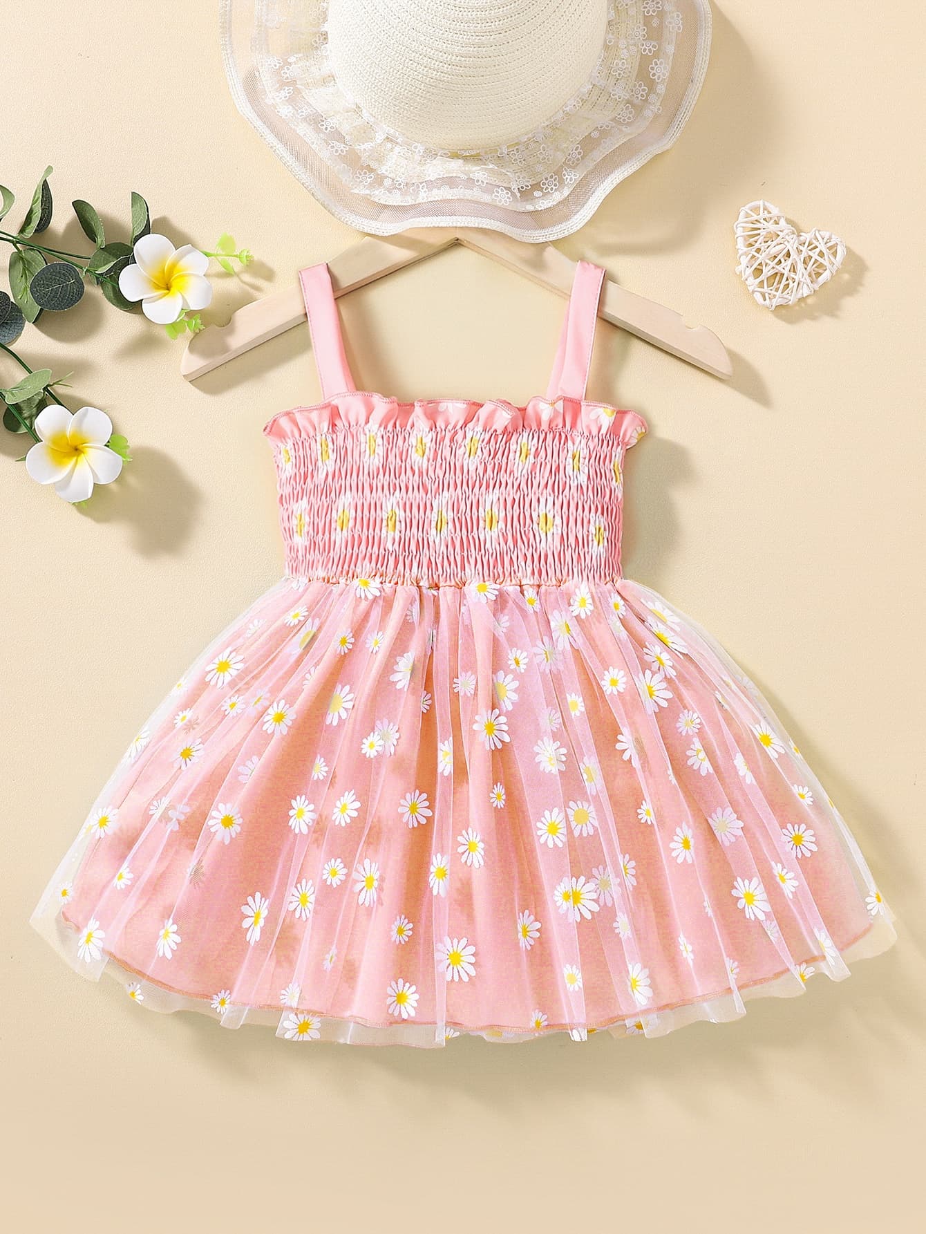 Souflis Souflis Baby Girl Floral Print Mesh Overlay Shirred Frill Trim Cami Dress