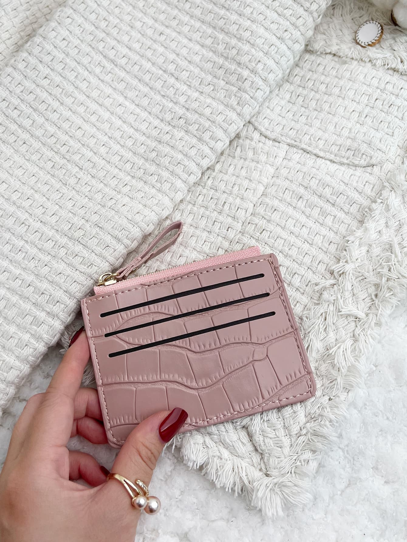 Stone Pattern Alligator Print PU Portable Zipper Ultra-Thin Malist Small 6-Card Pack Multi-Card Purse Fashion Short Wallet Simple Daily Use Hot Pink Purse Crocodile Card Holder Card Holder Wallet Business Card Holder Credit Card Holder Card Holder Women For Women Mini Wallet Card Wallet