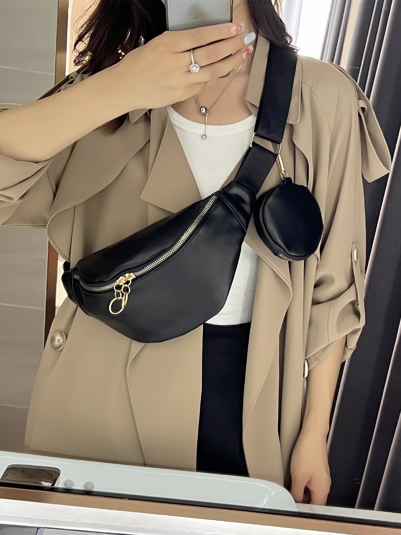 Minimalist Zipper Fanny Pack With Coin Purse , Women Bag With Dime Bag