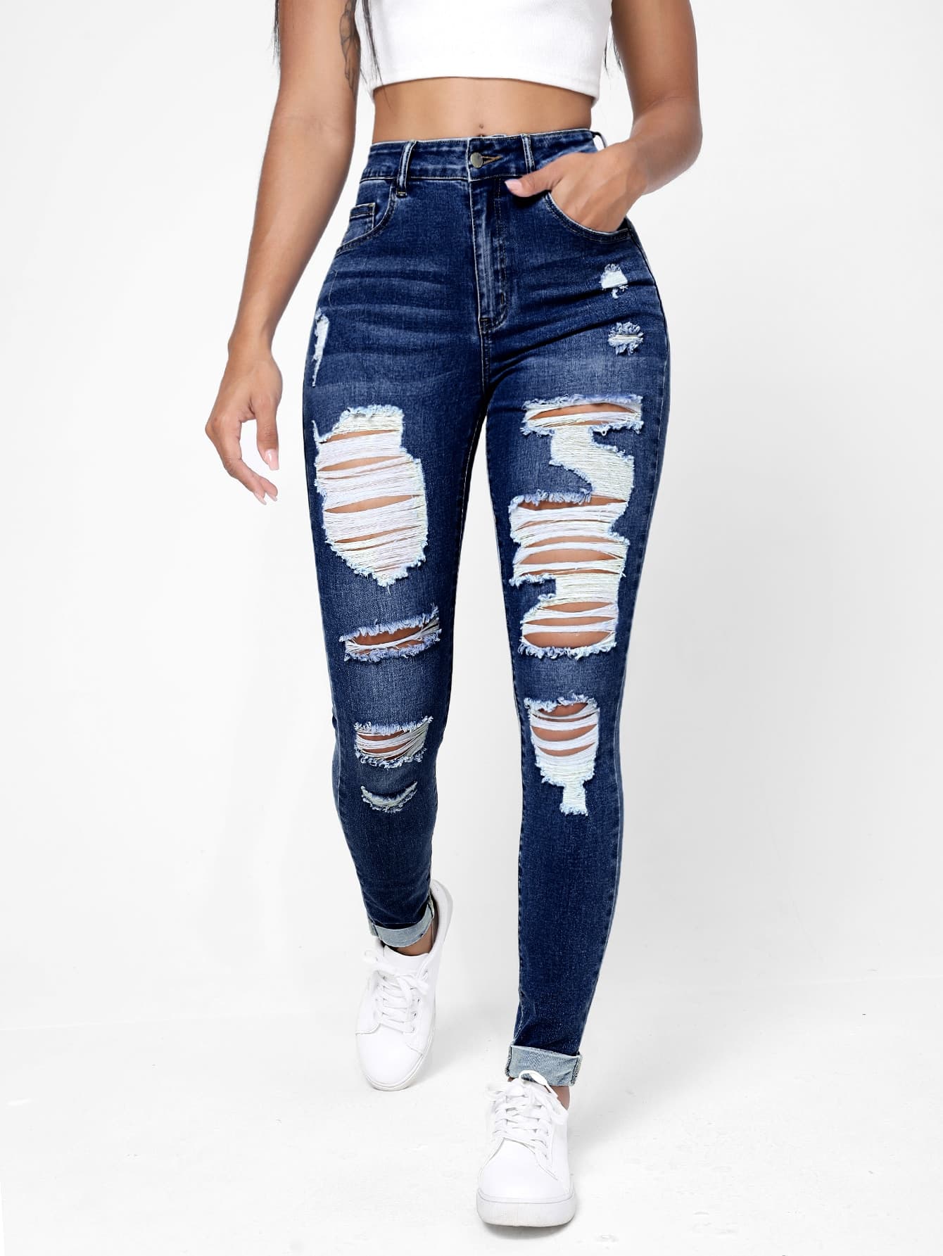 SHEIN Essnce Women's Ripped Frayed Slant Pocket Skinny Jeans,Navy Blue Cotton Denim Pants,Summer,Casual,Streetwear,City Break Daily Wear Dark Wash Long Trousers