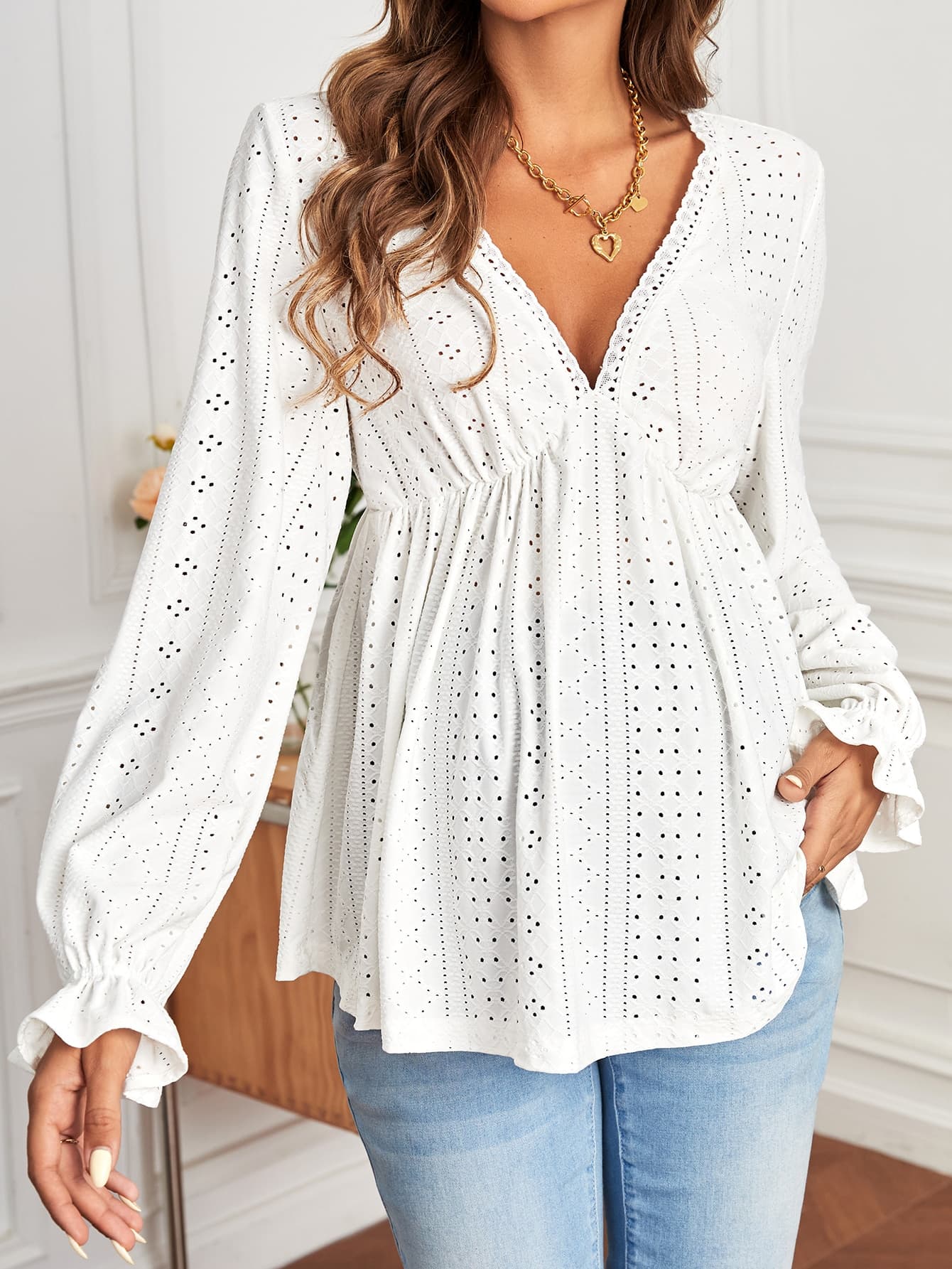 SHEIN Maternity Eyelet Embroidery Flounce Sleeve Peplum Tee Fall