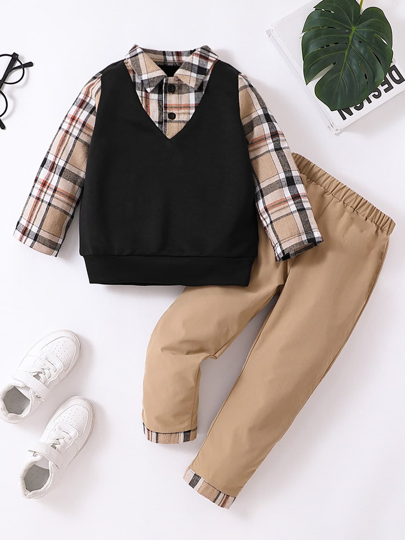 SHEIN Young Boy Plaid Print 2 In 1 Top & Pants Baby Boy Plaid Outfitbaby Boys Sets Fall